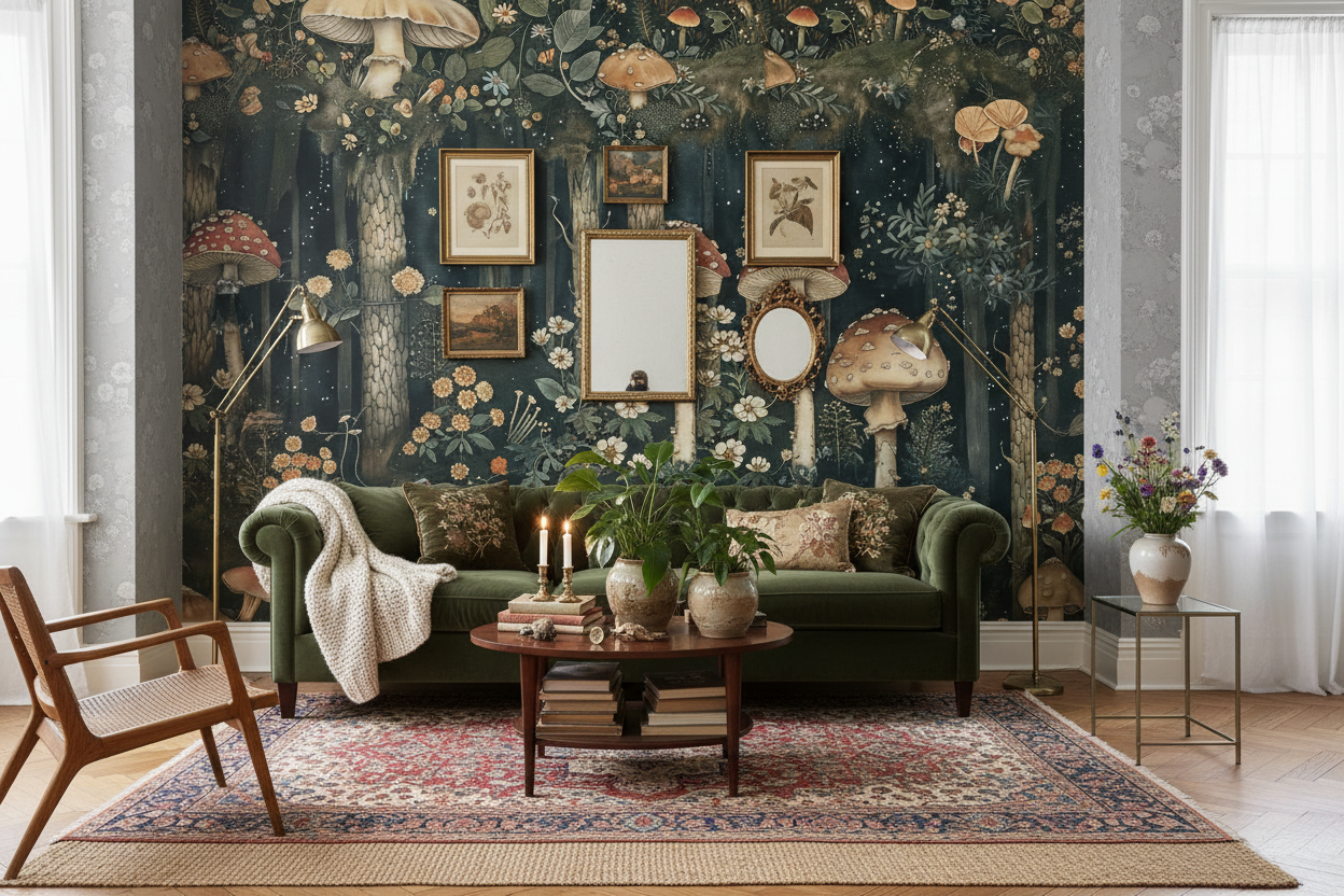 Svampskog - Horisontell - Tapet med John Bauers sagoskogsmotiv