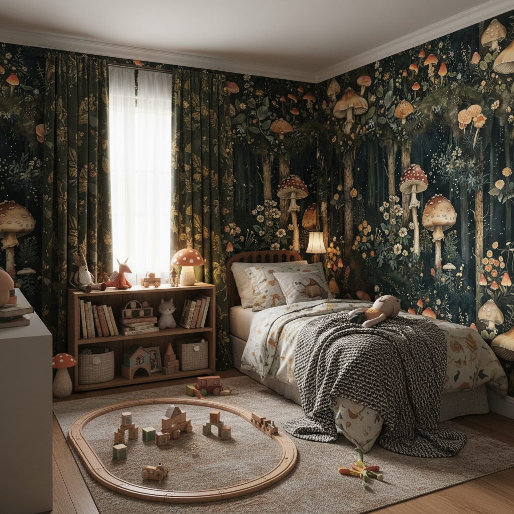 Svampskog - Horisontell - Tapet med John Bauers sagoskogsmotiv