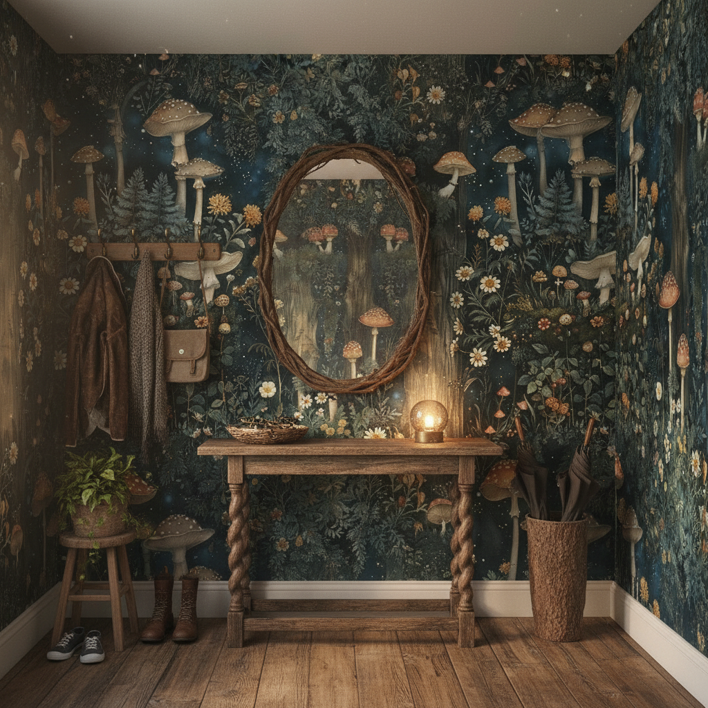 Svampskog - Horisontell - Tapet med John Bauers sagoskogsmotiv