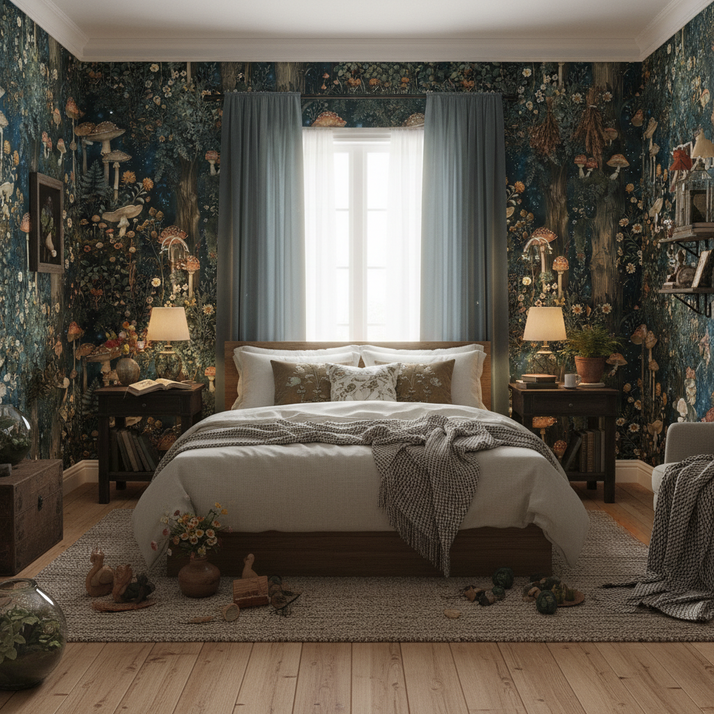 Svampskog - Horisontell - Tapet med John Bauers sagoskogsmotiv