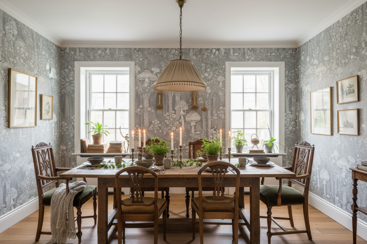 Svampskog - Horisontell - Grå - Magisk skogsvägg inspirerad av John Bauer