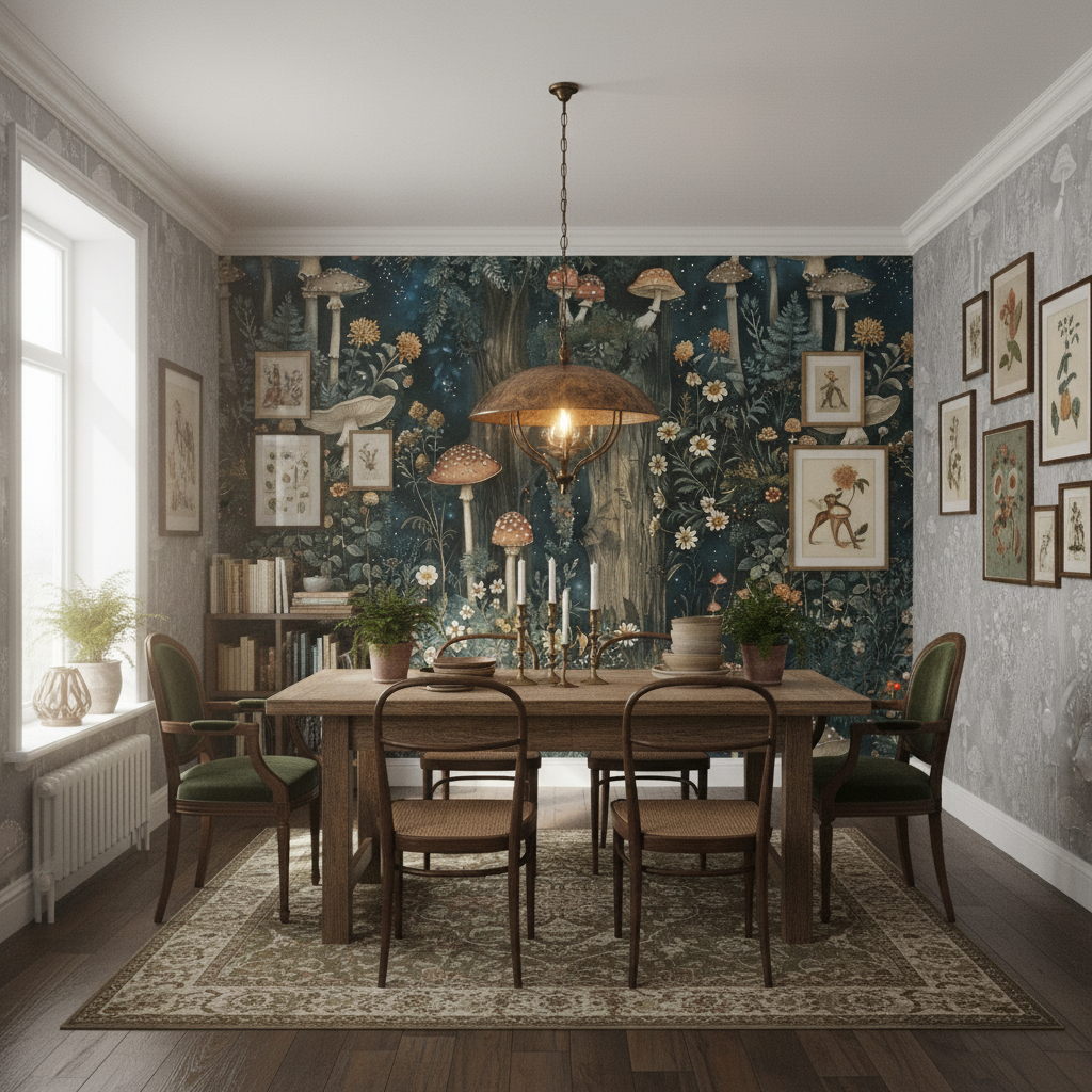 Svampskog - Vertikal - Grå - Magisk skogsvägg inspirerad av John Bauer