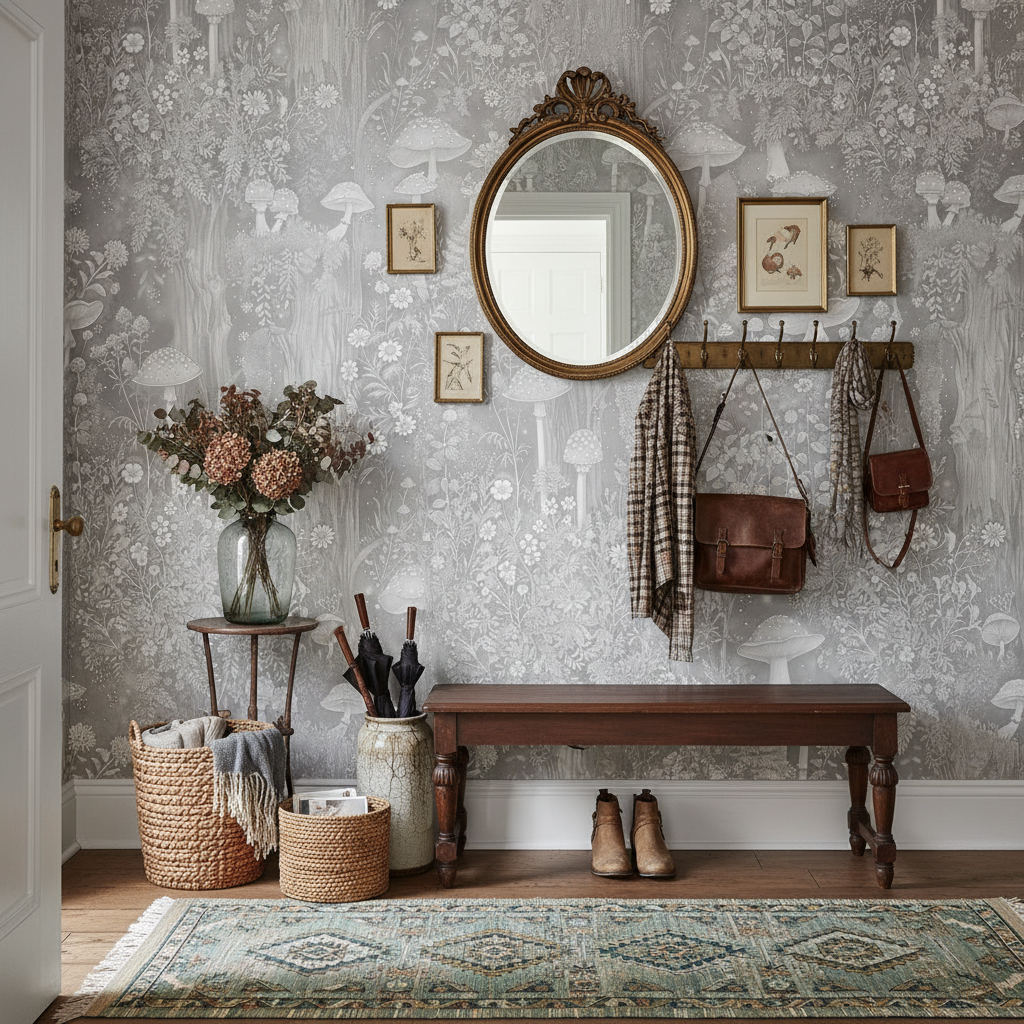 Svampskog - Vertikal - Grå - Magisk skogsvägg inspirerad av John Bauer