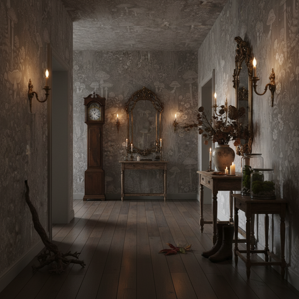 Svampskog - Vertikal - Grå - Magisk skogsvägg inspirerad av John Bauer