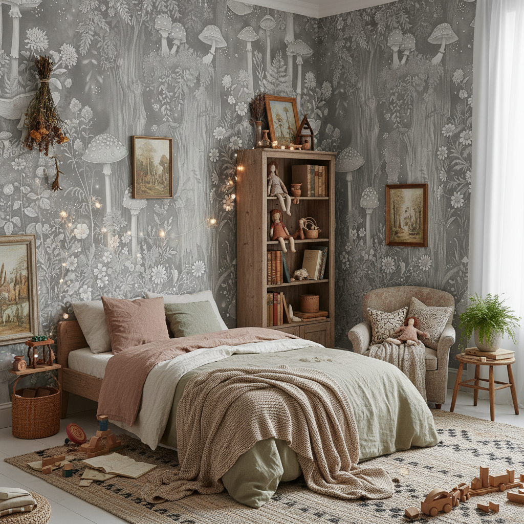 Svampskog - Vertikal - Grå - Magisk skogsvägg inspirerad av John Bauer