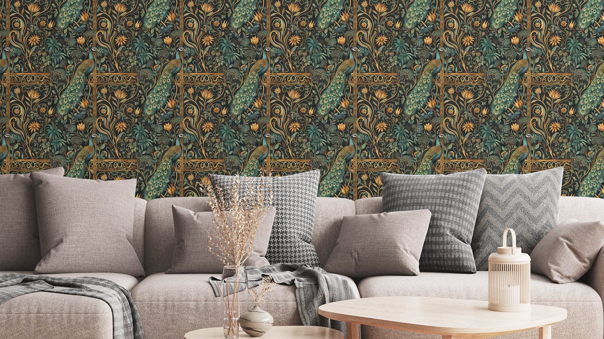 Peacock Serenity - Emerald Noir Gold - Lyxig tapet med påfågelsmotiv