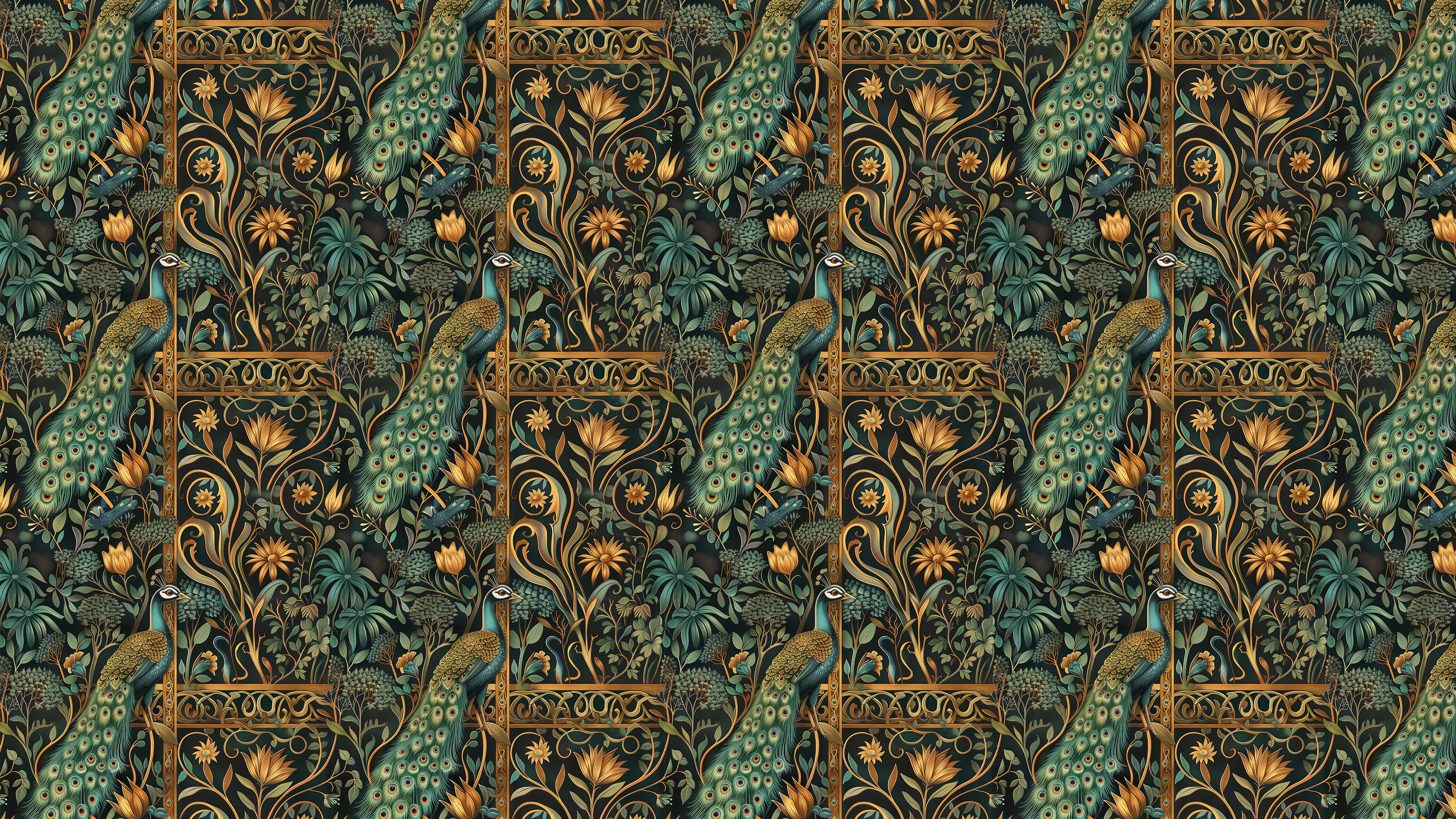 Peacock Serenity - Emerald Noir Gold - Lyxig tapet med påfågelsmotiv