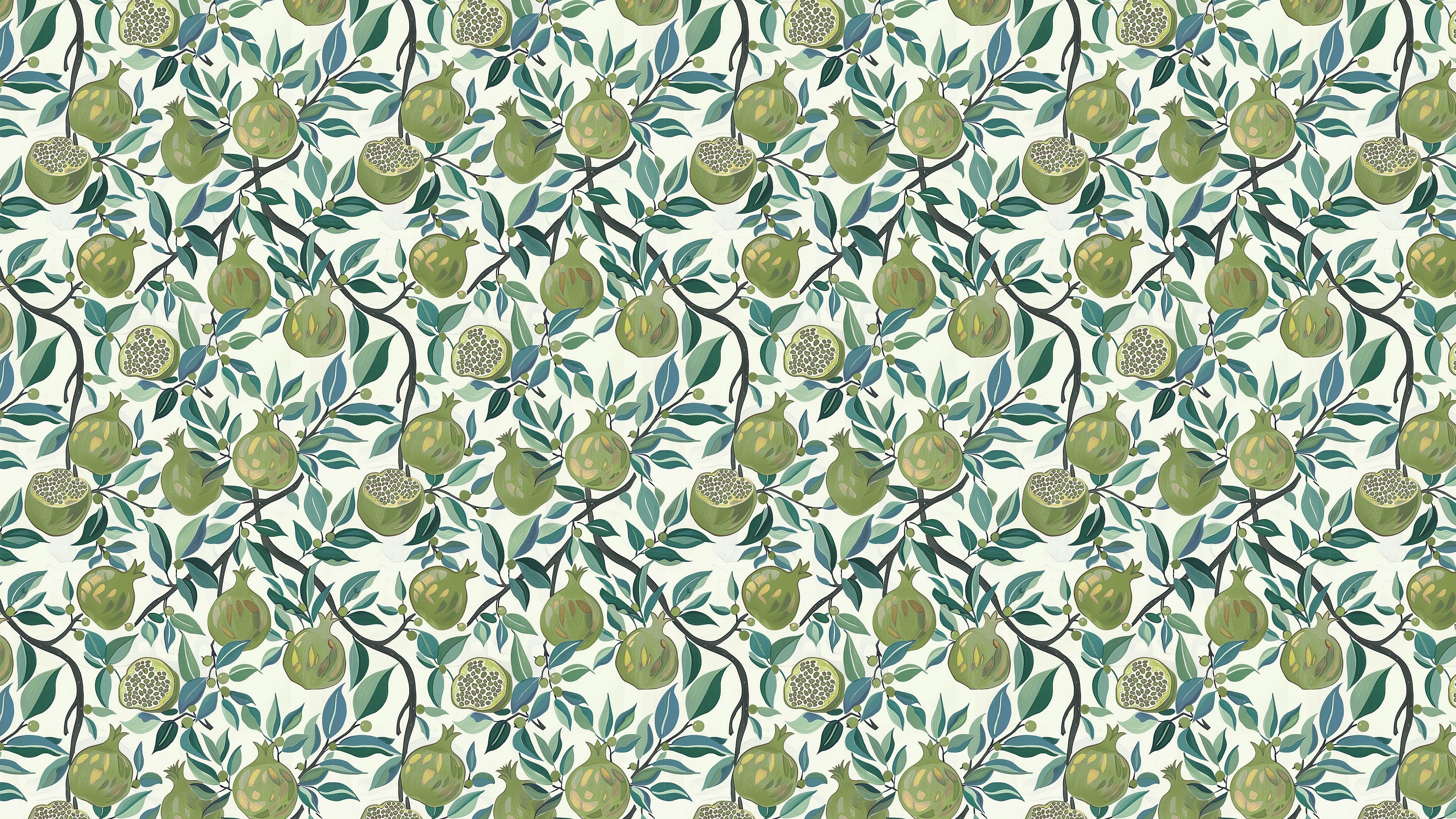 Reval Wallpaper Pomegranate Delight - Grön - Tapet med granatäpplen i grönt – högkvalitativ tapet för en personlig och har...