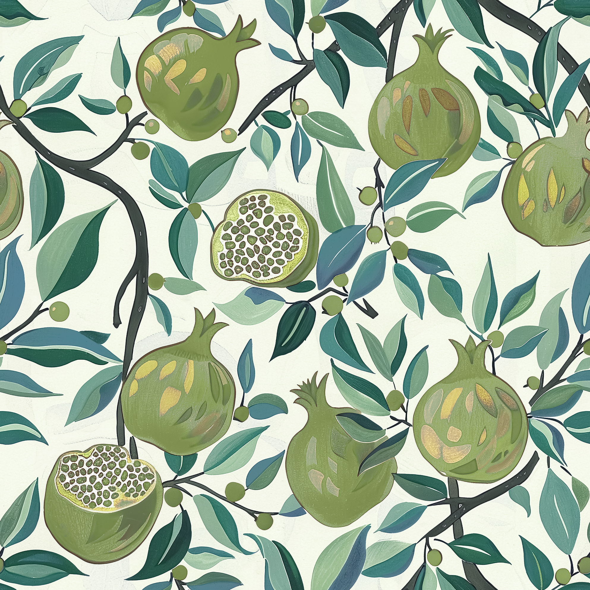 Reval Wallpaper Pomegranate Delight - Grön - Tapet med granatäpplen i grönt – högkvalitativ tapet för en personlig och har...