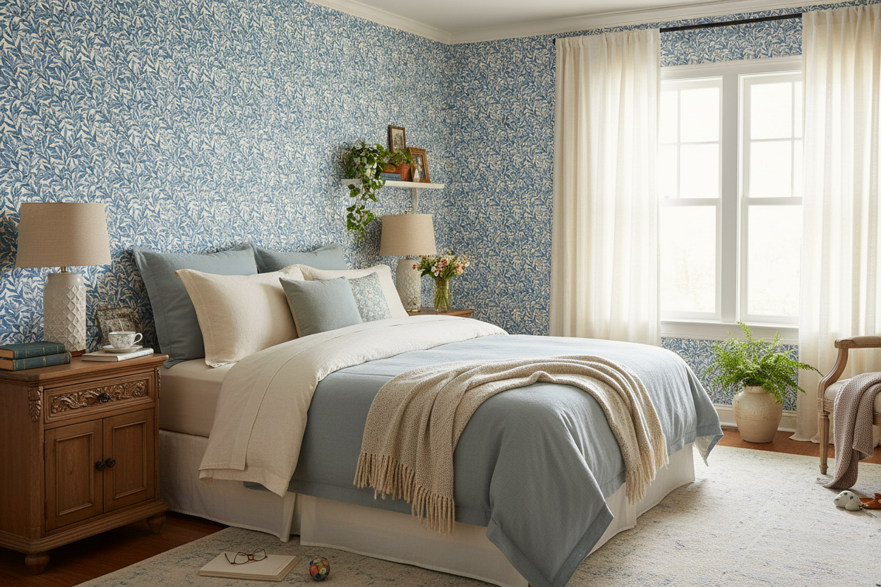 Boughs - Blå - Elegant tapet med handritade blad i blå toner