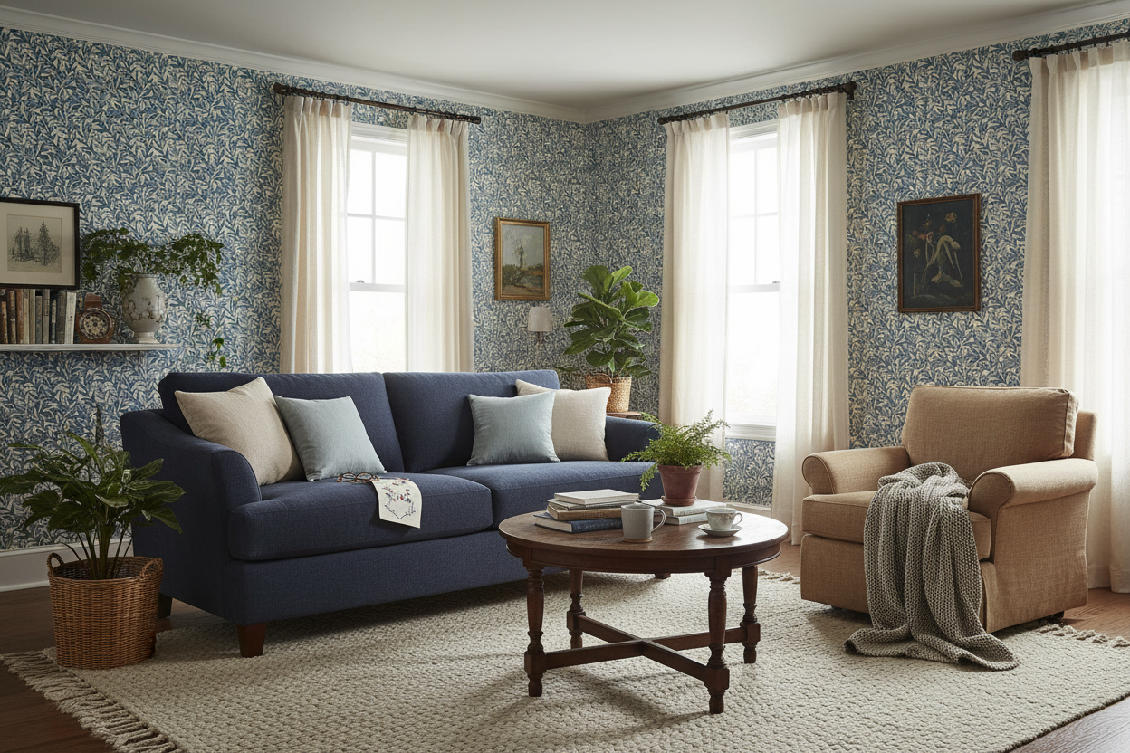 Boughs - Blå - Elegant tapet med handritade blad i blå toner