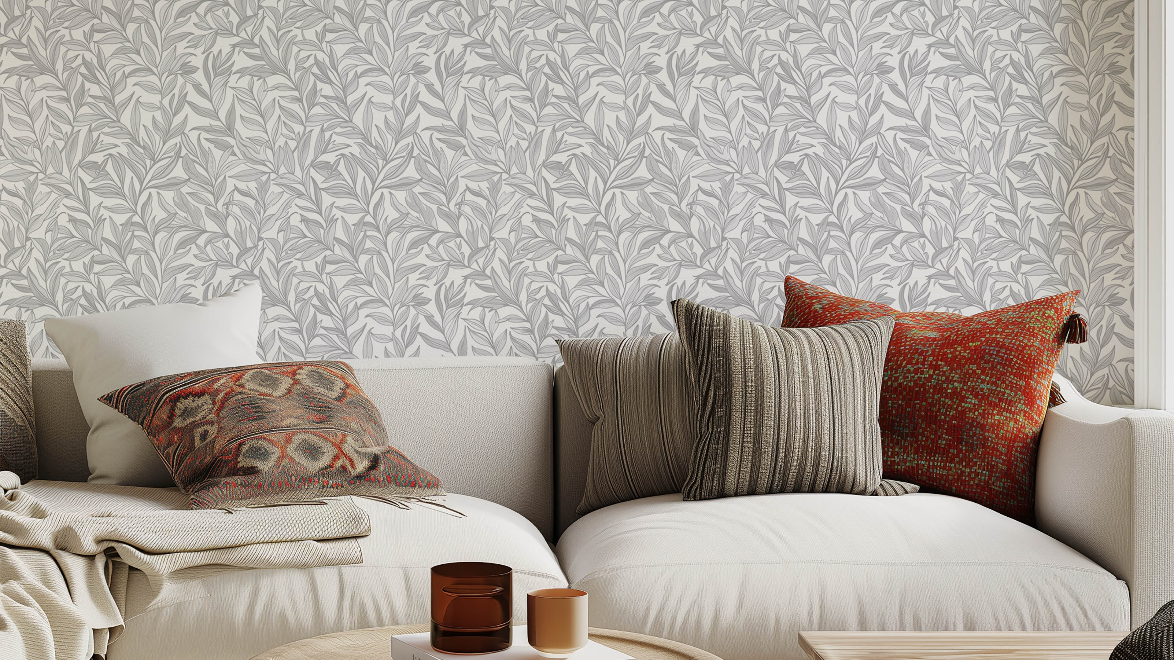 Boughs - Grå - Elegant tapet med handritade blad i grå toner