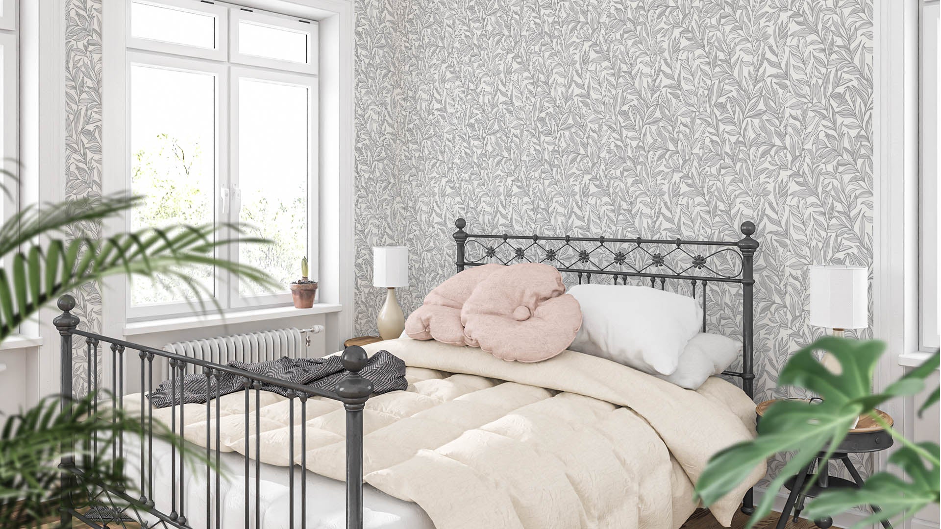 Reval Wallpaper Boughs - Grå - Elegant tapet med handritade blad i grå toner – högkvalitativ tapet för en personlig och ha...