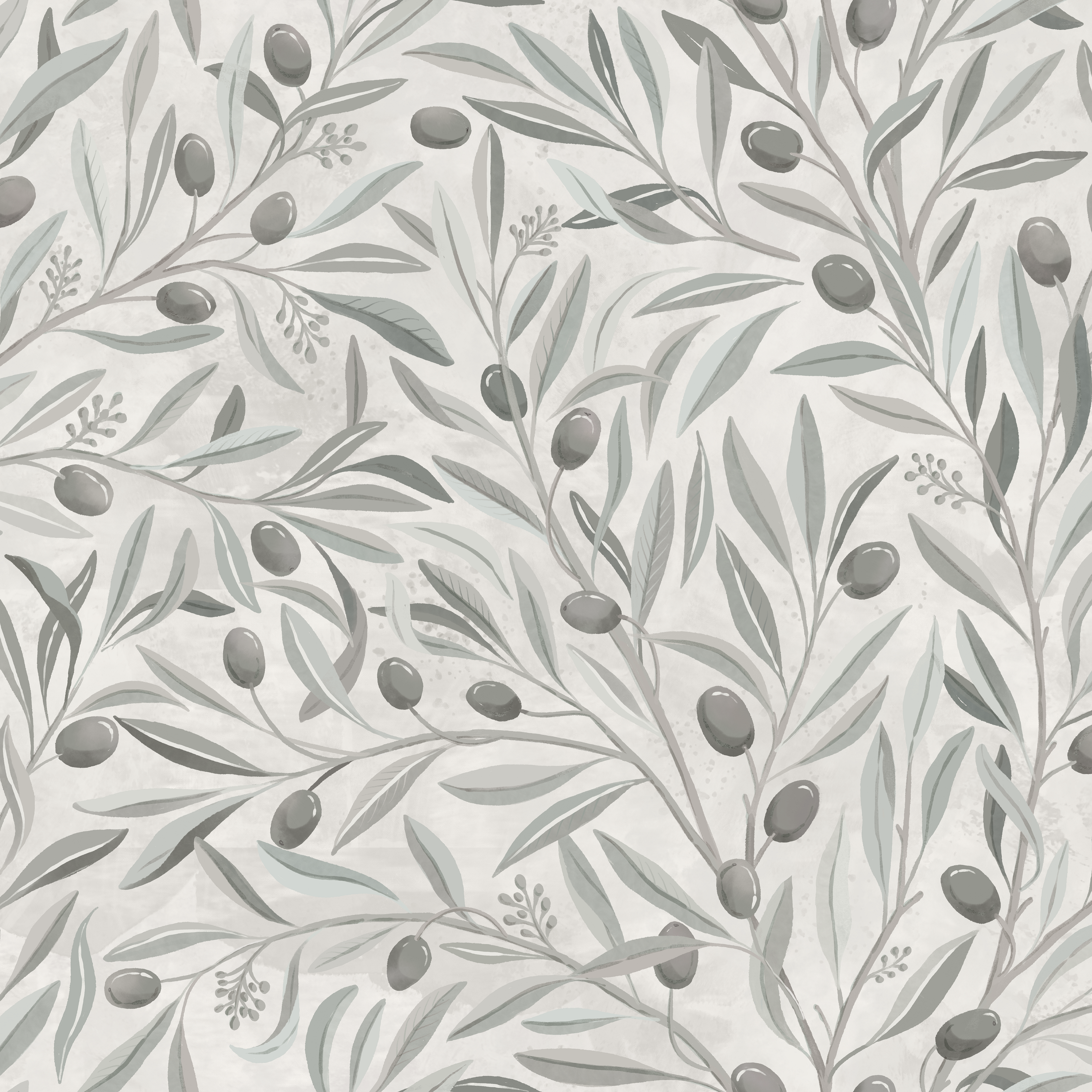 Olivia Half Drop Gray - Elegant tapet med olivkvistar i grå toner