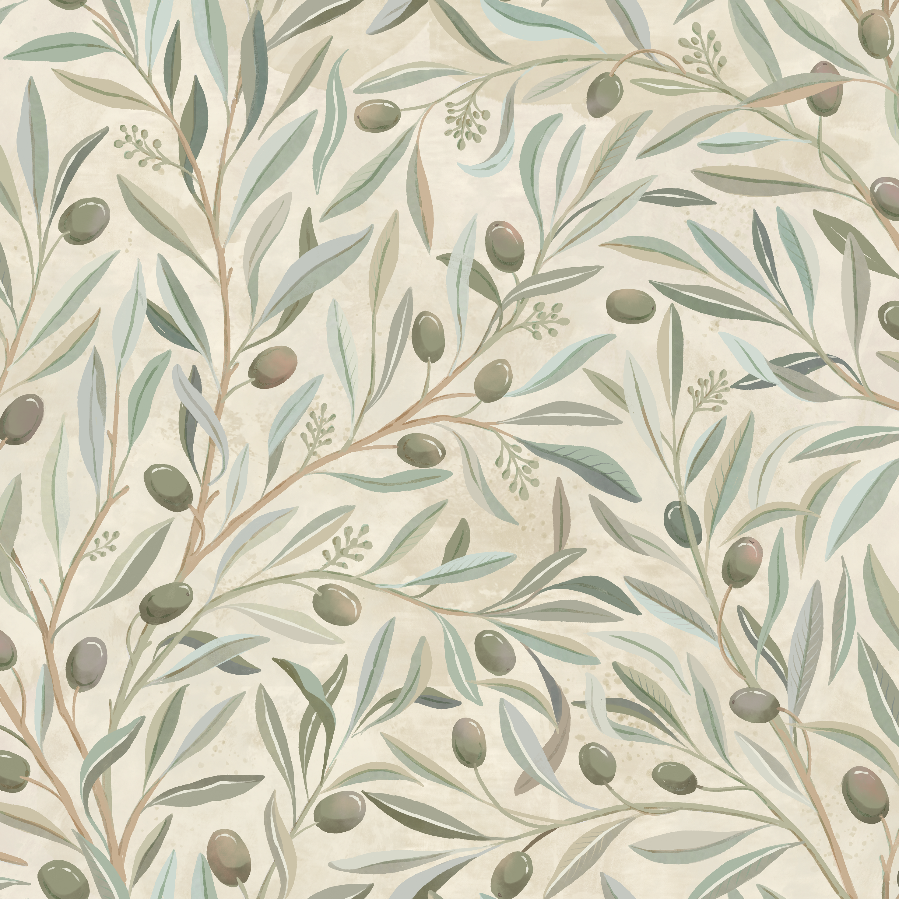 Olivia Half Drop - Olivia - Klassisk tapet med olivkvistar i naturliga toner