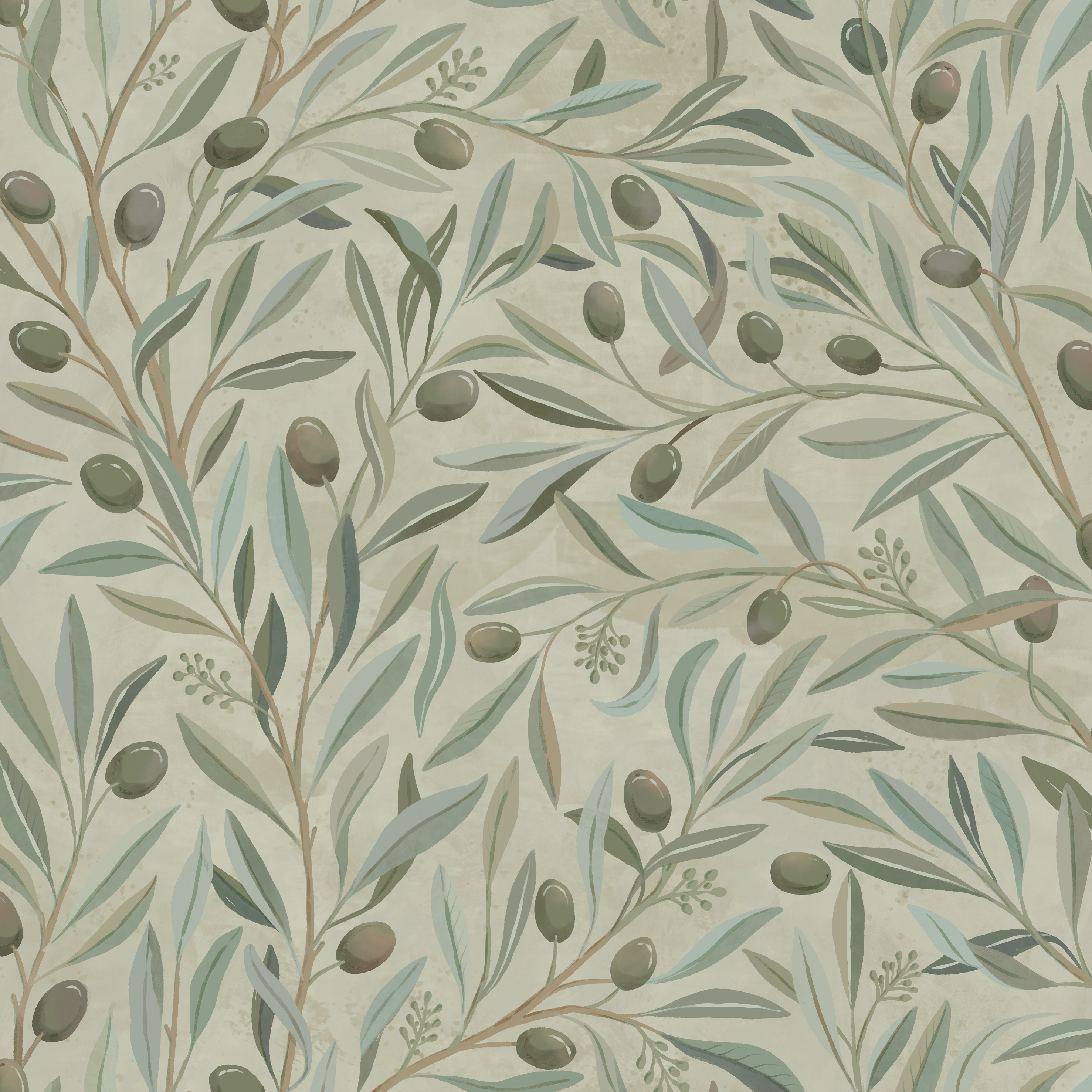 Olivia Half Drop - Green - Naturinspirerad tapet med olivkvistar i gröna toner