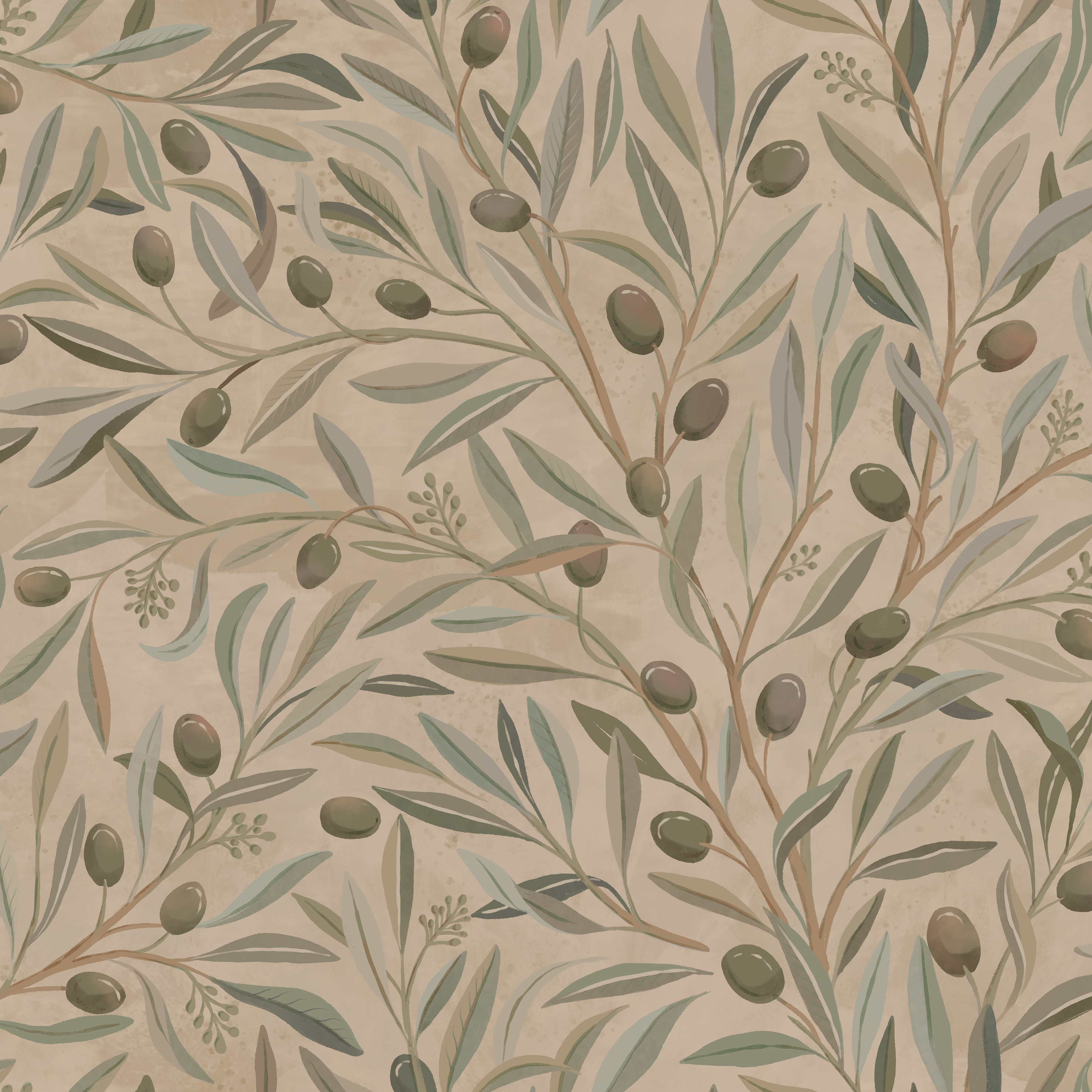 Olivia Half Drop - Terracotta - Elegant tapet med olivkvistar i medelhavsstil