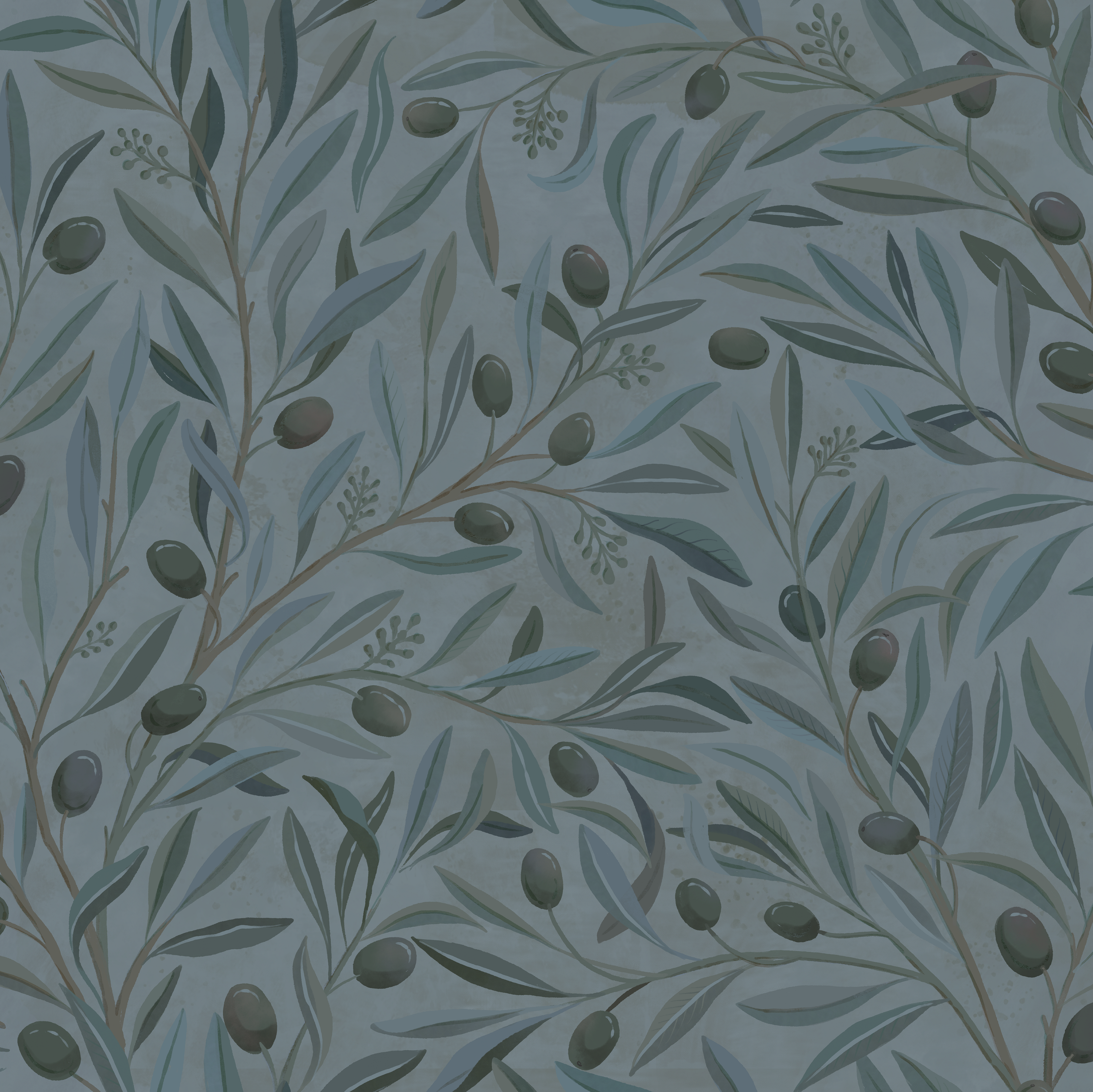 Olivia Half Drop Dove - Elegant tapet med olivkvistar i mjuka blå toner