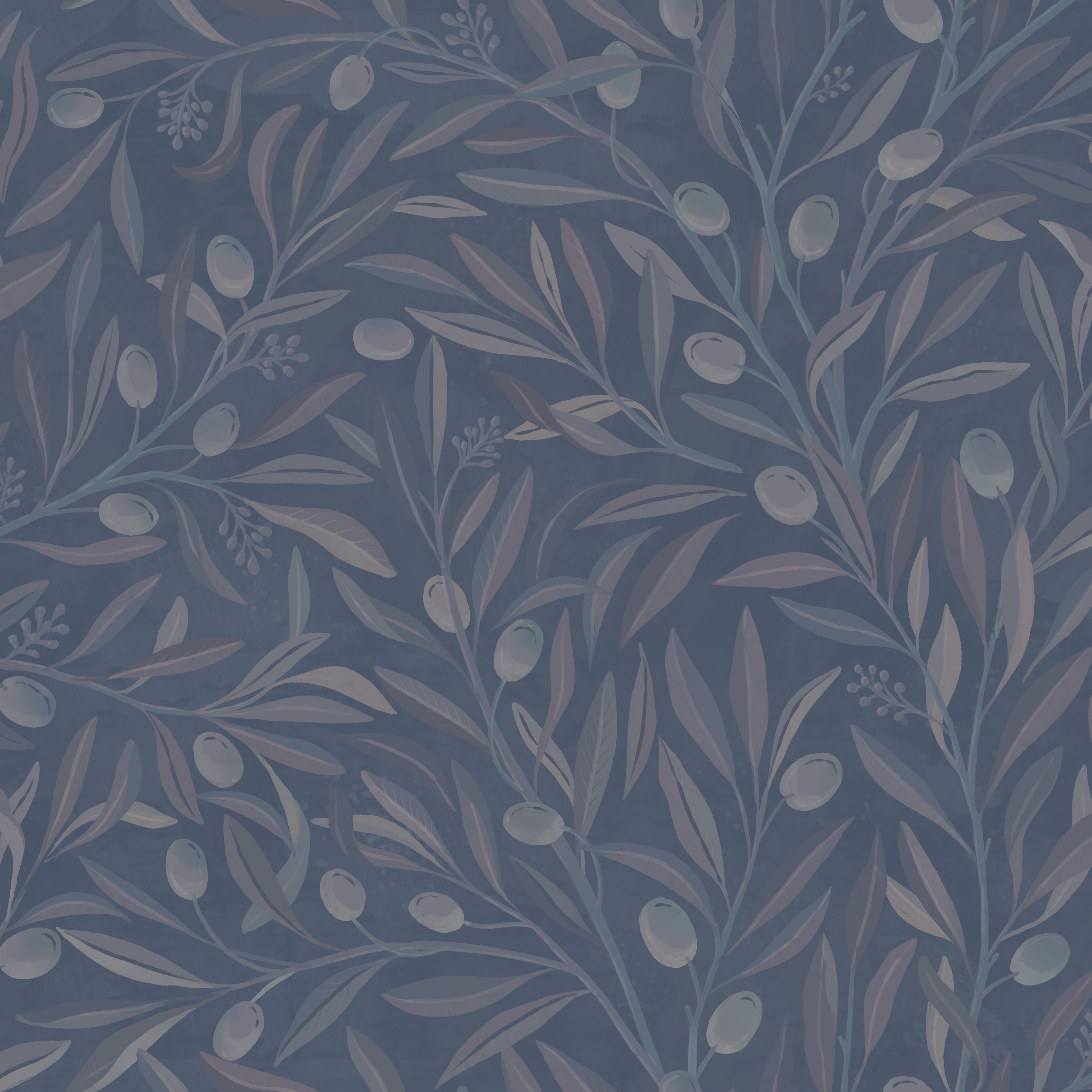 Olivia Half Drop Midnight Blue - Elegant tapet med olivkvistar i djupa blå toner