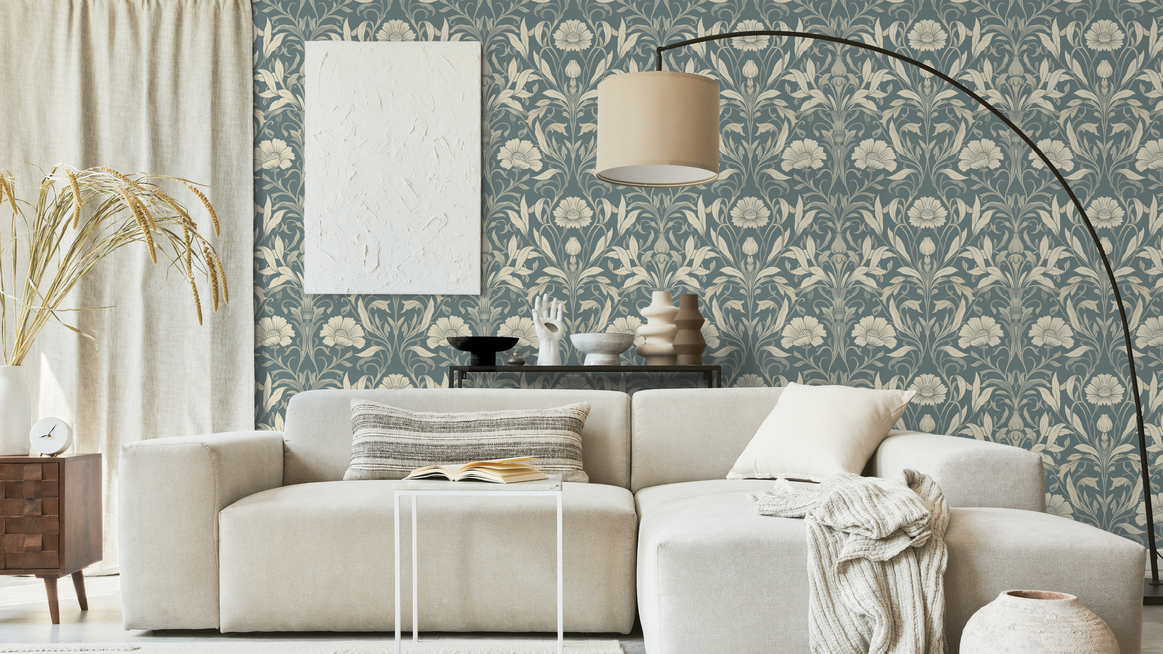 Isabelle - Blågrön - Klassisk tapet med damastmönster i blågrå toner