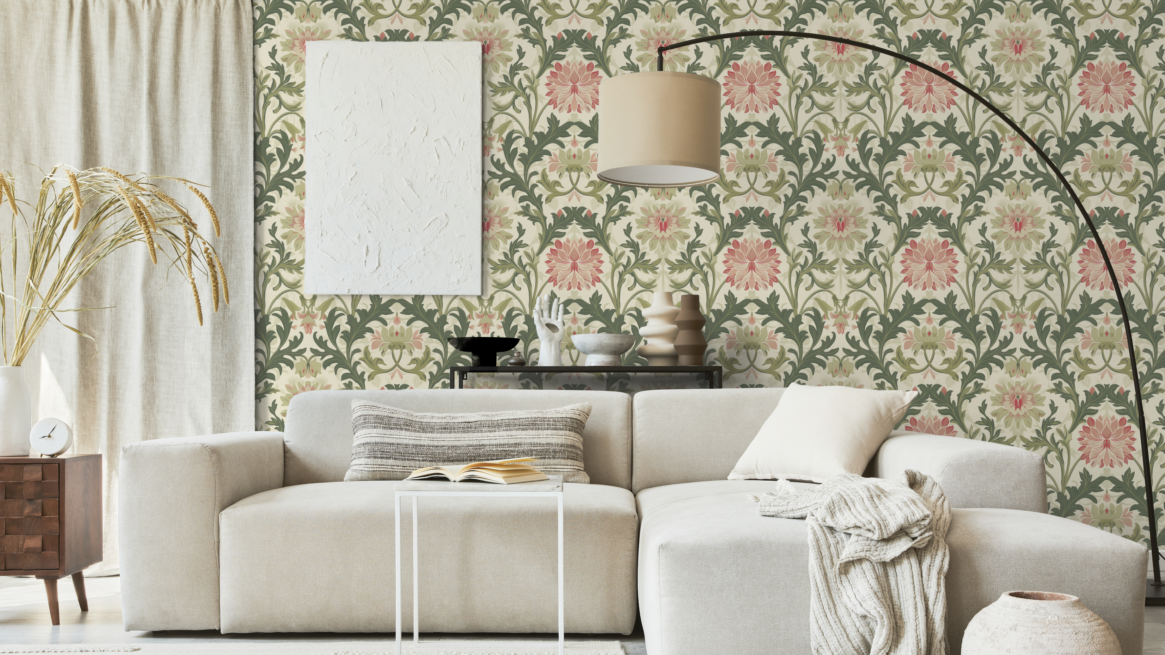 Jennie - Grön - Botanisk tapet med blommor och blad