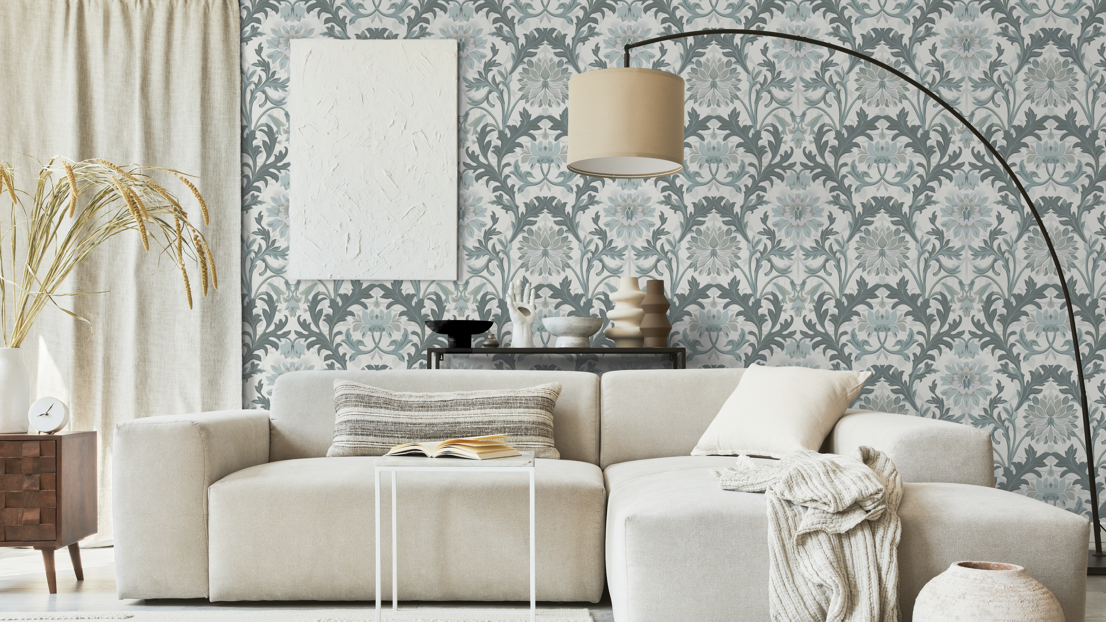 Jennie - Grå-vit - Elegant tapet med lotusblomma och blad