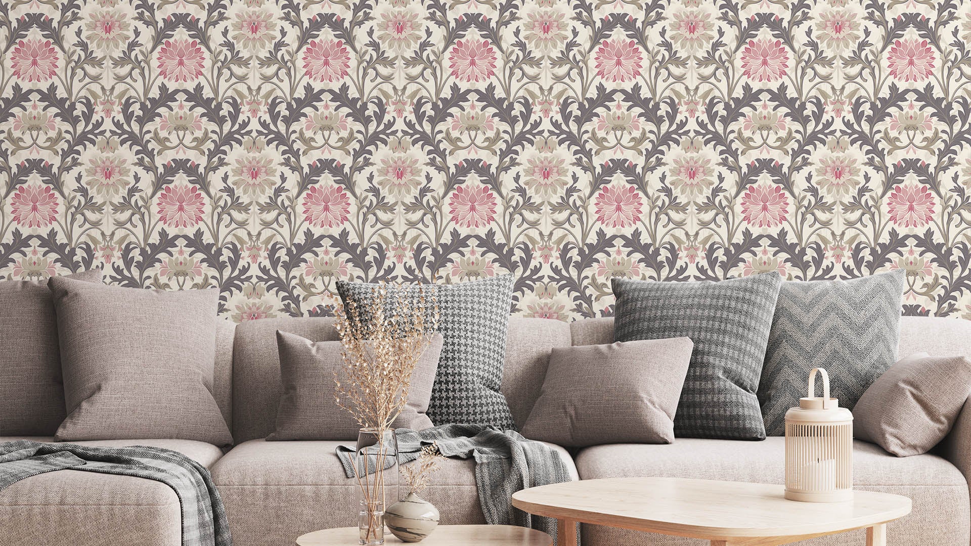 Jennie - Lila-Rosa - Botanisk tapet med blommor och blad