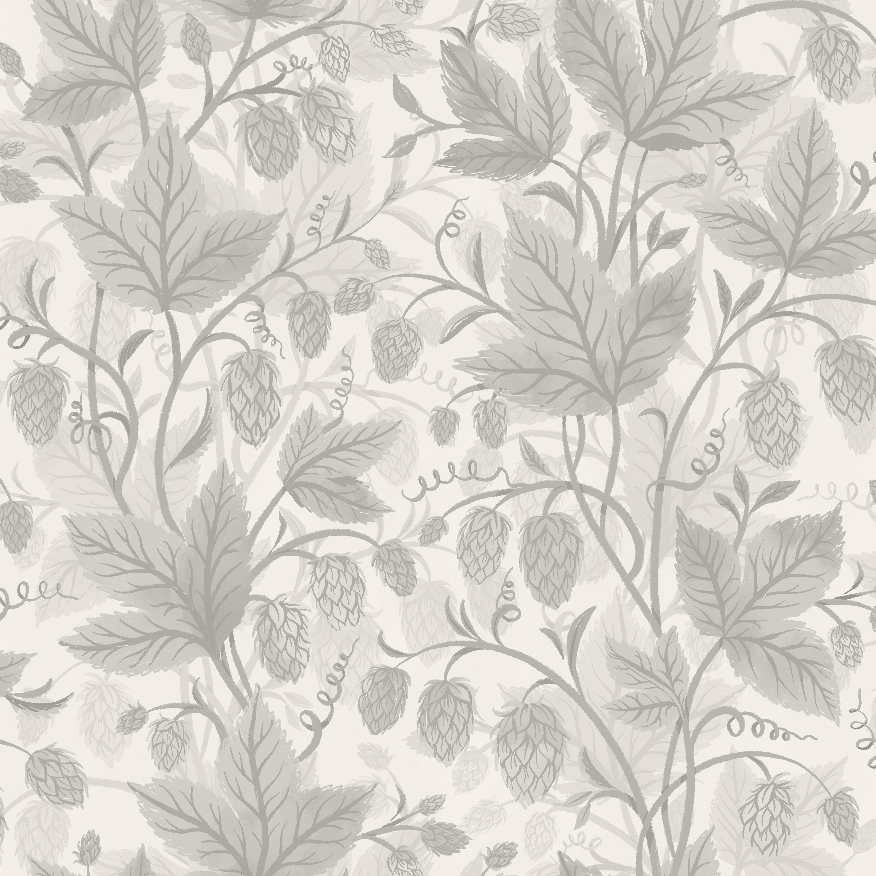 Trailing Hops Silver - Elegant tapet med organiskt humlemönster i silvergråa toner