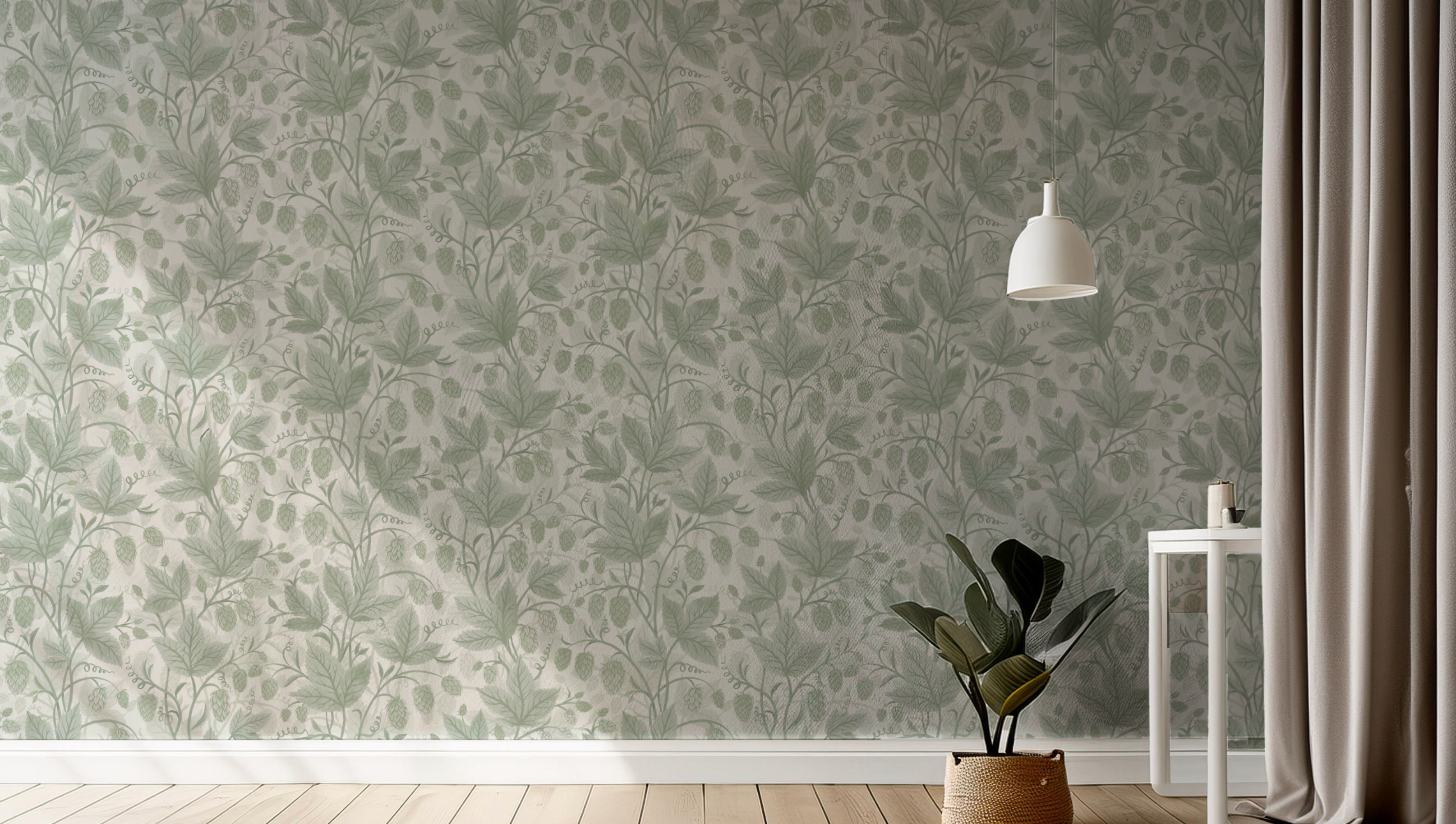 Trailing Hops Hedge - Elegant tapet med organiskt humlemönster i gröna toner