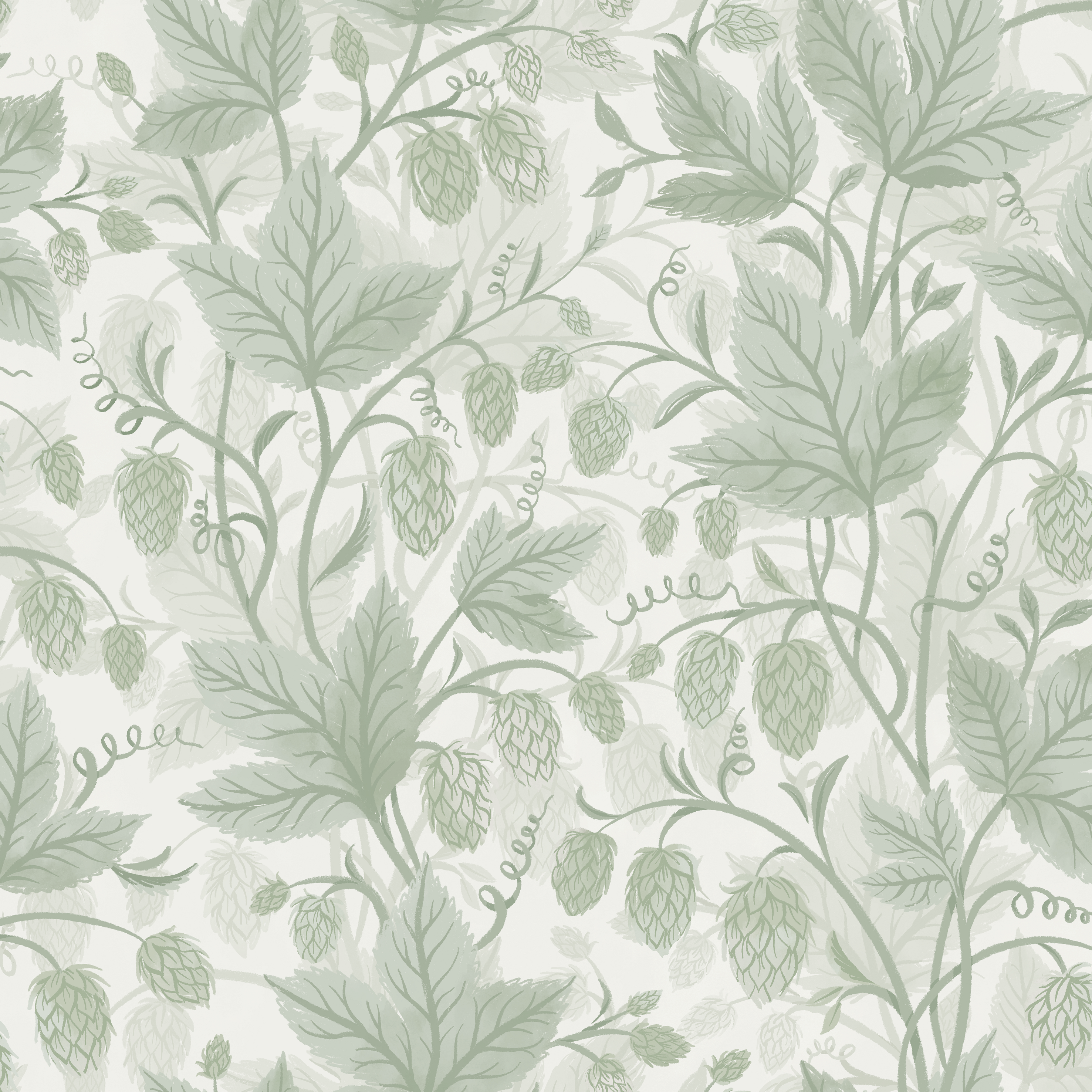 Trailing Hops - Light Green – Ljusgrön botanisk tapet med humlerankor