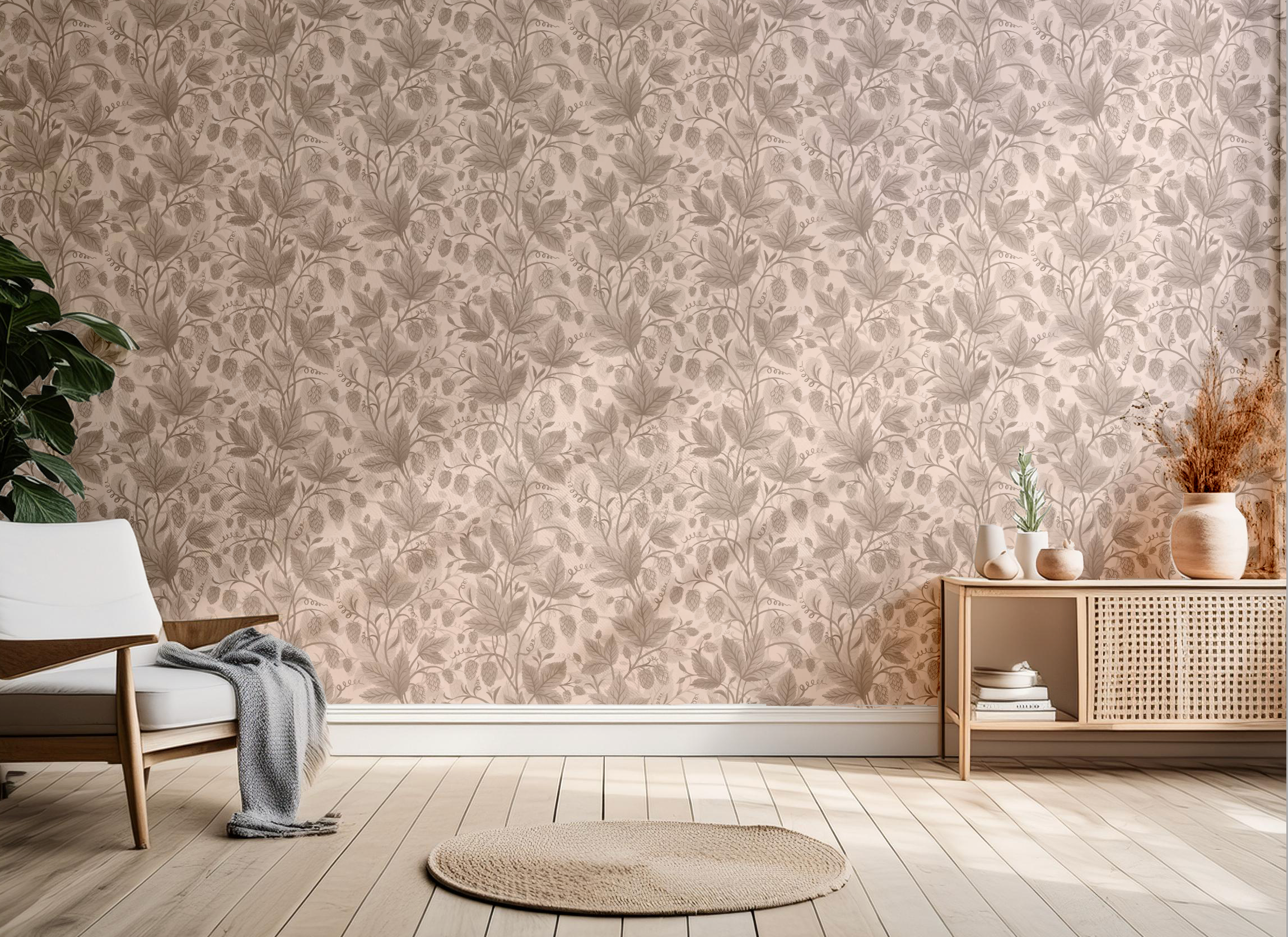 Trailing Hops Light Blush - Elegant tapet med organiskt humlemönster i ljusa rosa toner