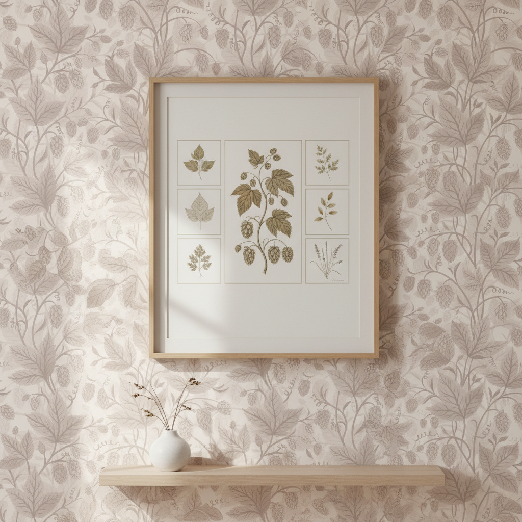 Trailing Hops Light Blush - Elegant tapet med organiskt humlemönster i ljusa rosa toner