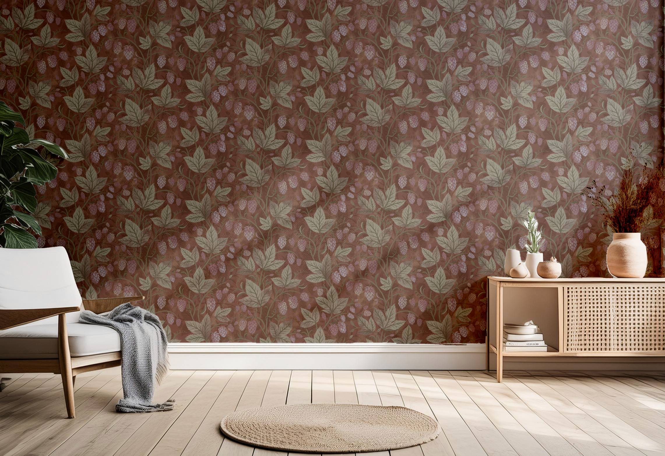 Trailing Hops Brown - Elegant tapet med organiskt humlemönster i bruna toner