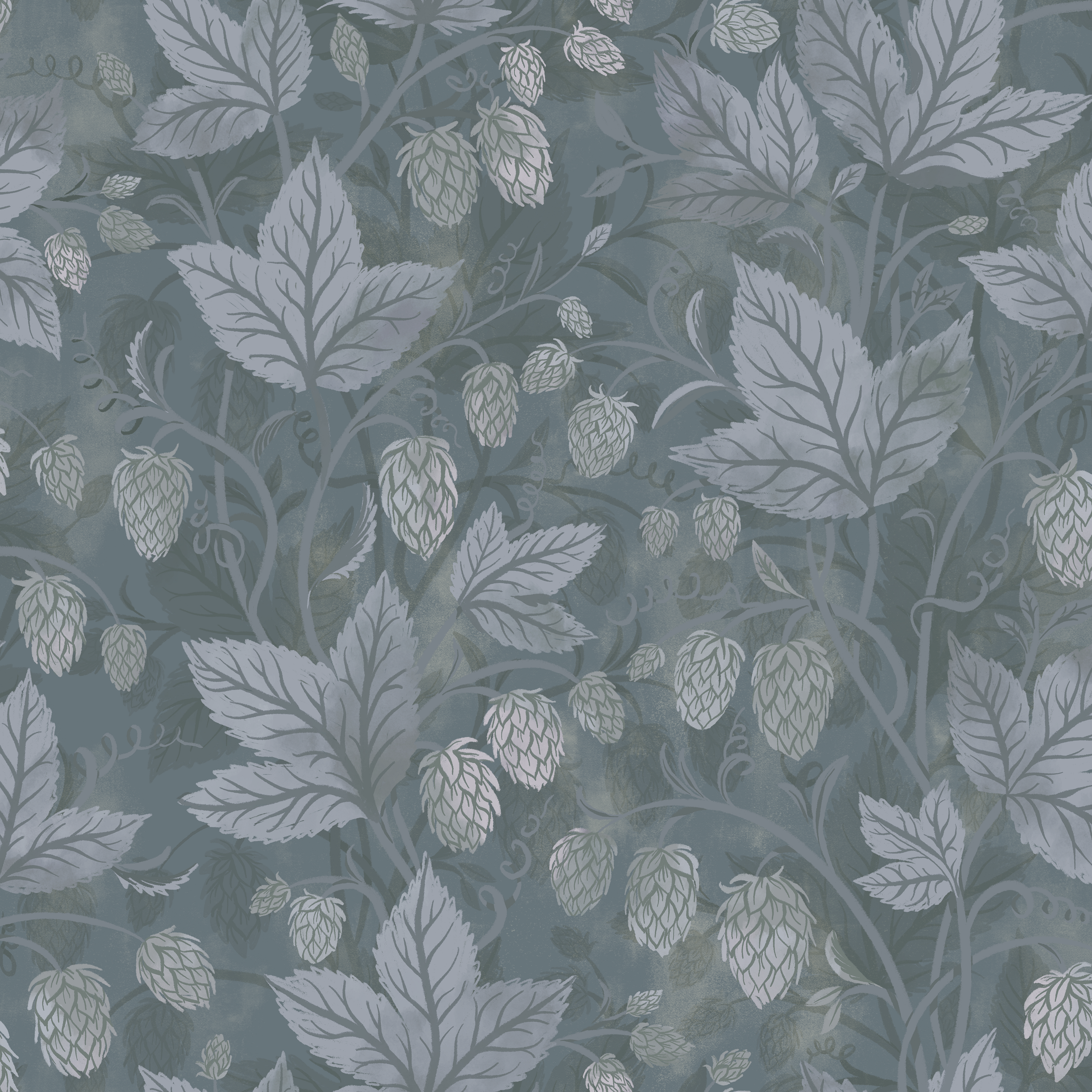 Trailing Hops Silver Blue - Elegant tapet med organiskt humlemönster i silverblå toner