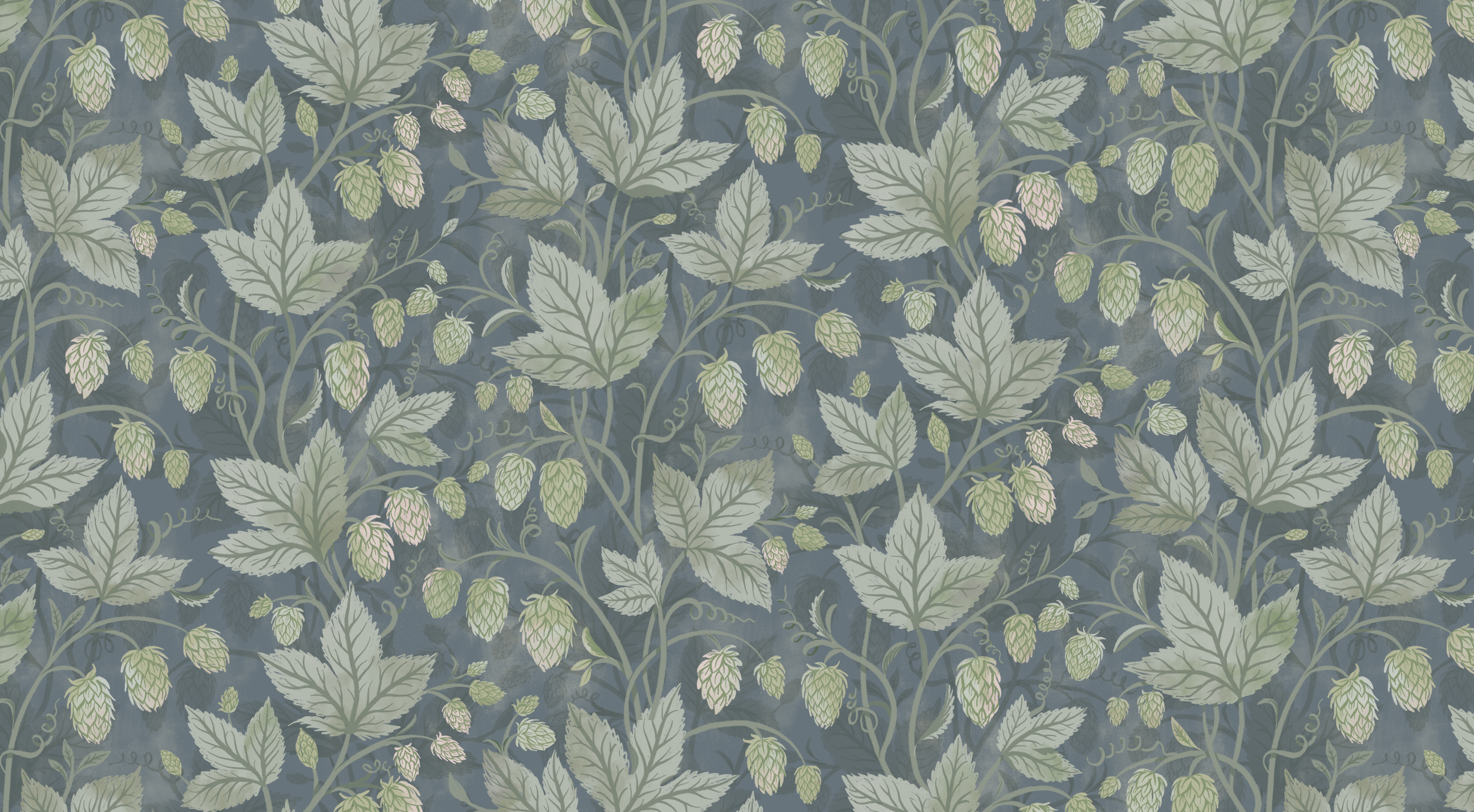 Trailing Hops Blue - Elegant tapet med organiskt humlemönster i blå toner