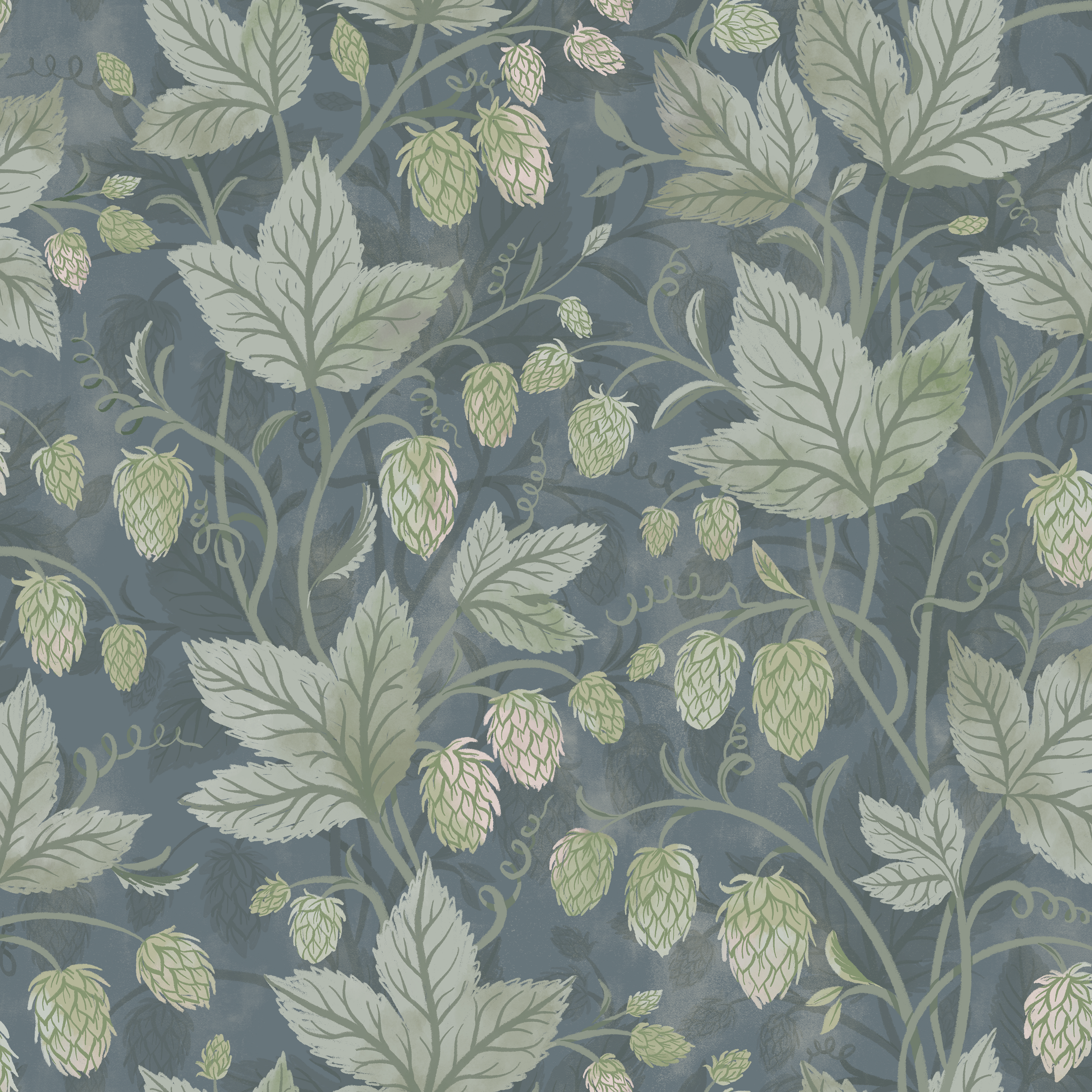 Trailing Hops - Blue – Elegant botanisk tapet med humlerankor