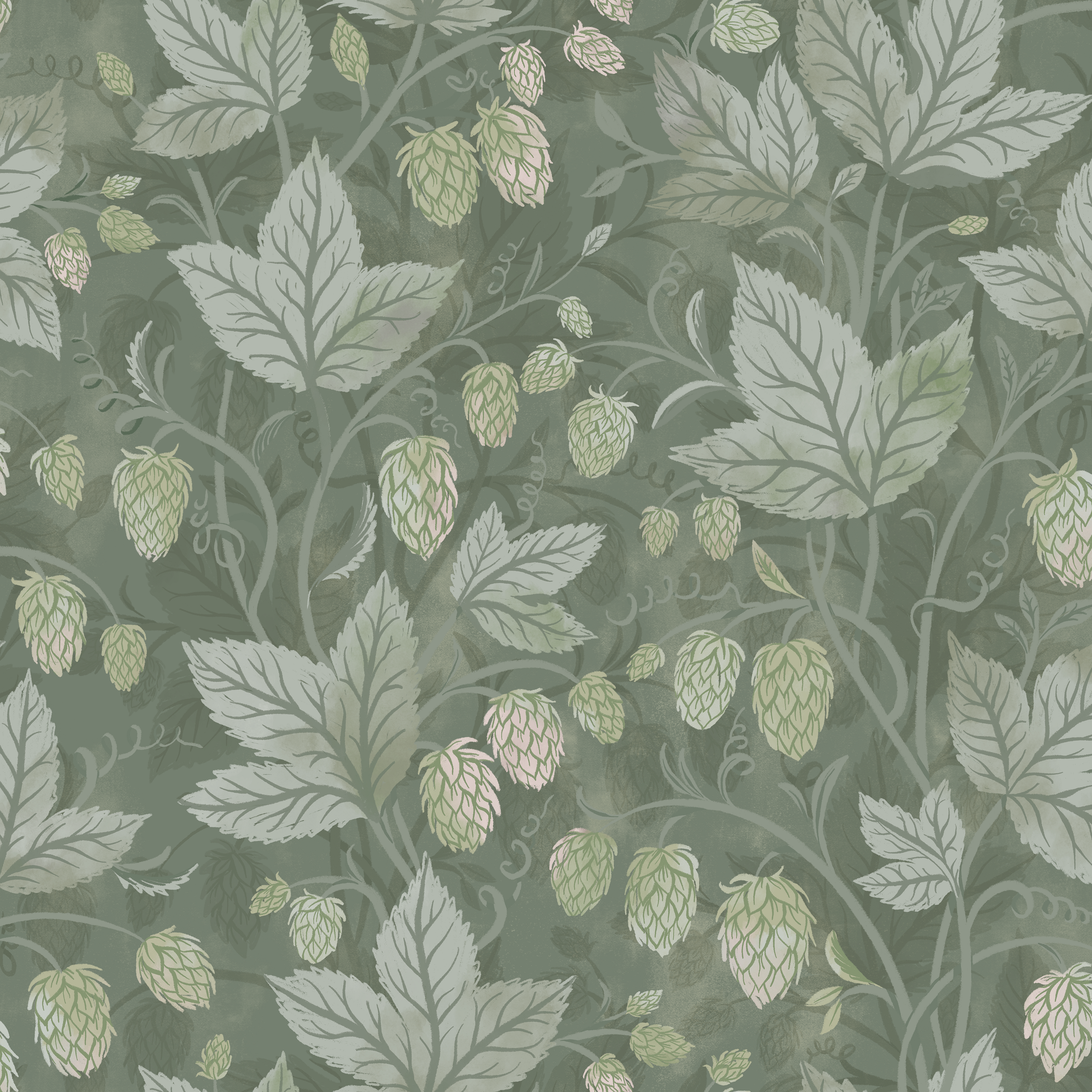 Trailing Hops Green - Elegant tapet med organiskt humlemönster i gröna toner