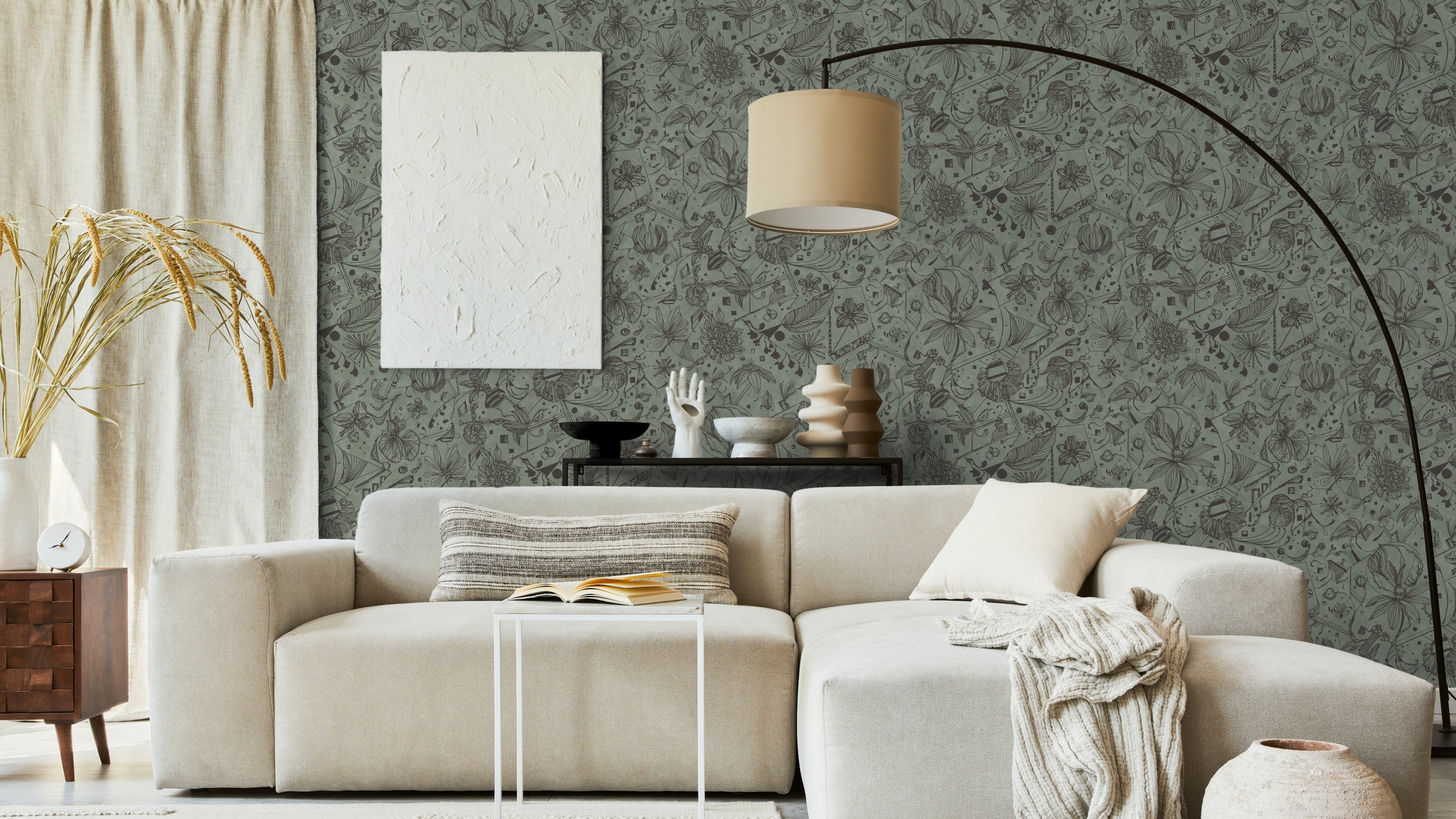 Floralies - Grågrön – Elegant tapet med abstrakt konst i grågrön nyans