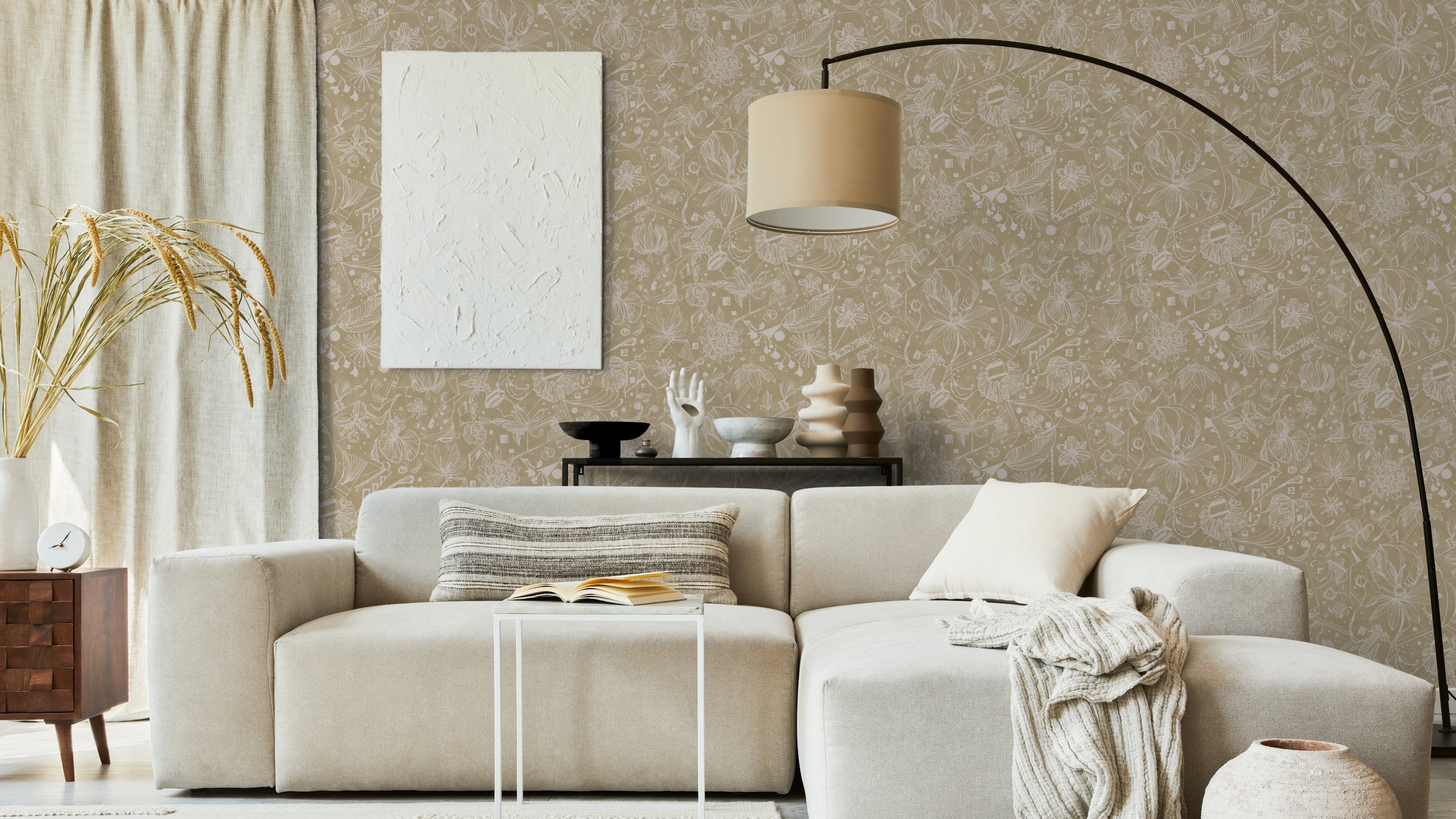 Reval Wallpaper Floralies - Beige – Elegant tapet med abstrakt konst i mjuka beige toner – högkvalitativ tapet för en pers...