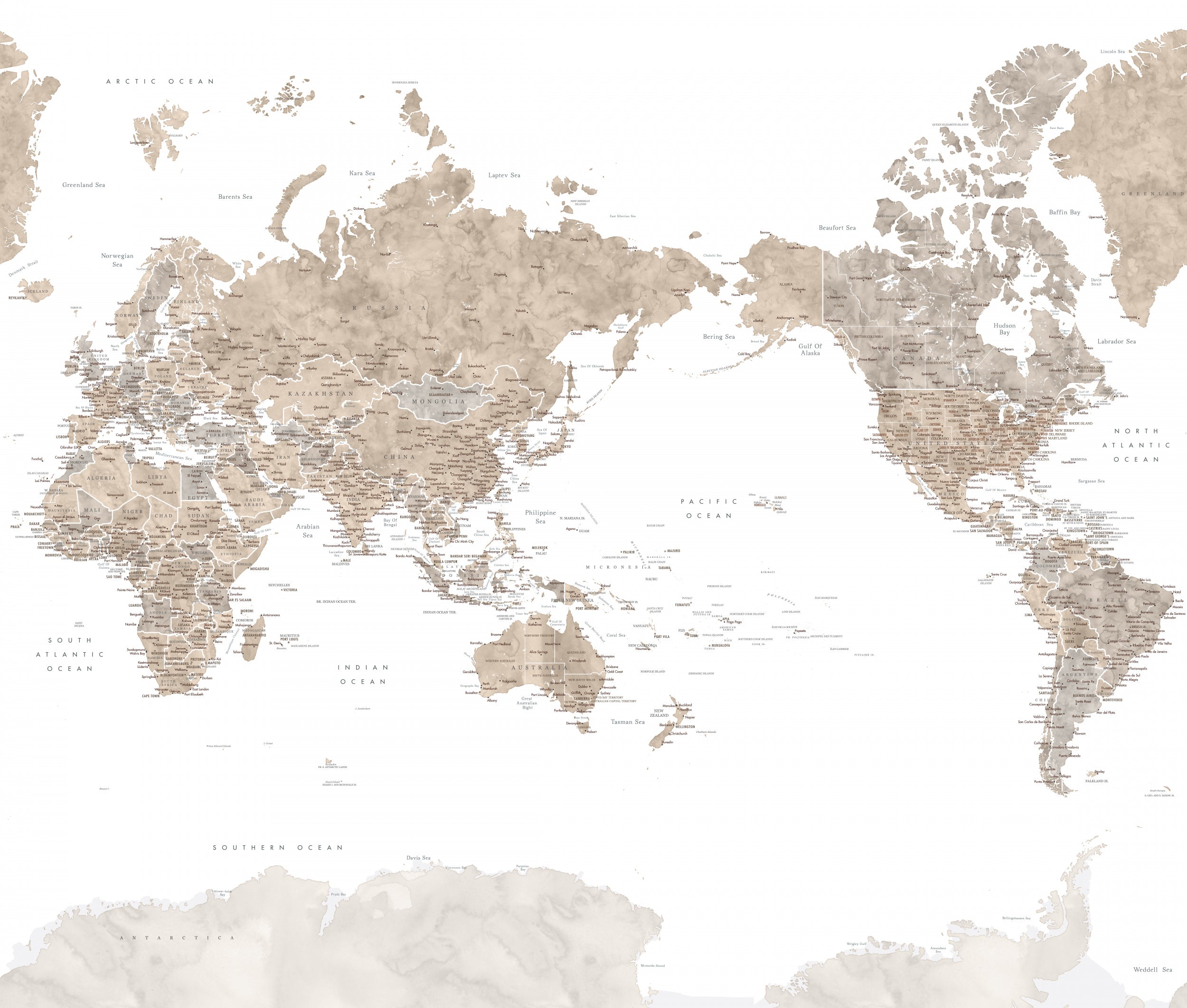 Pacific-centered world map with cities, Abey