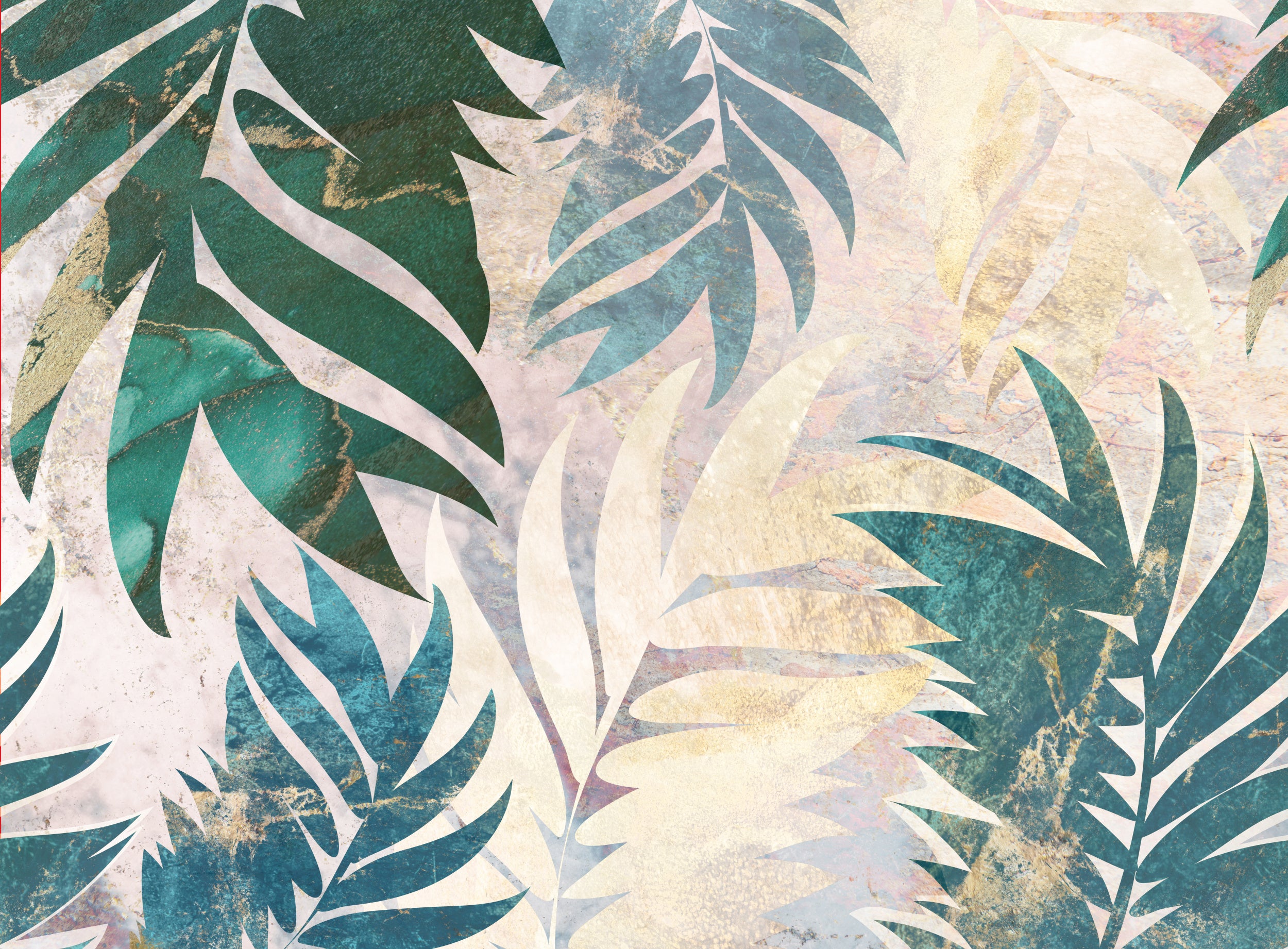 Marble gold green leaves mural