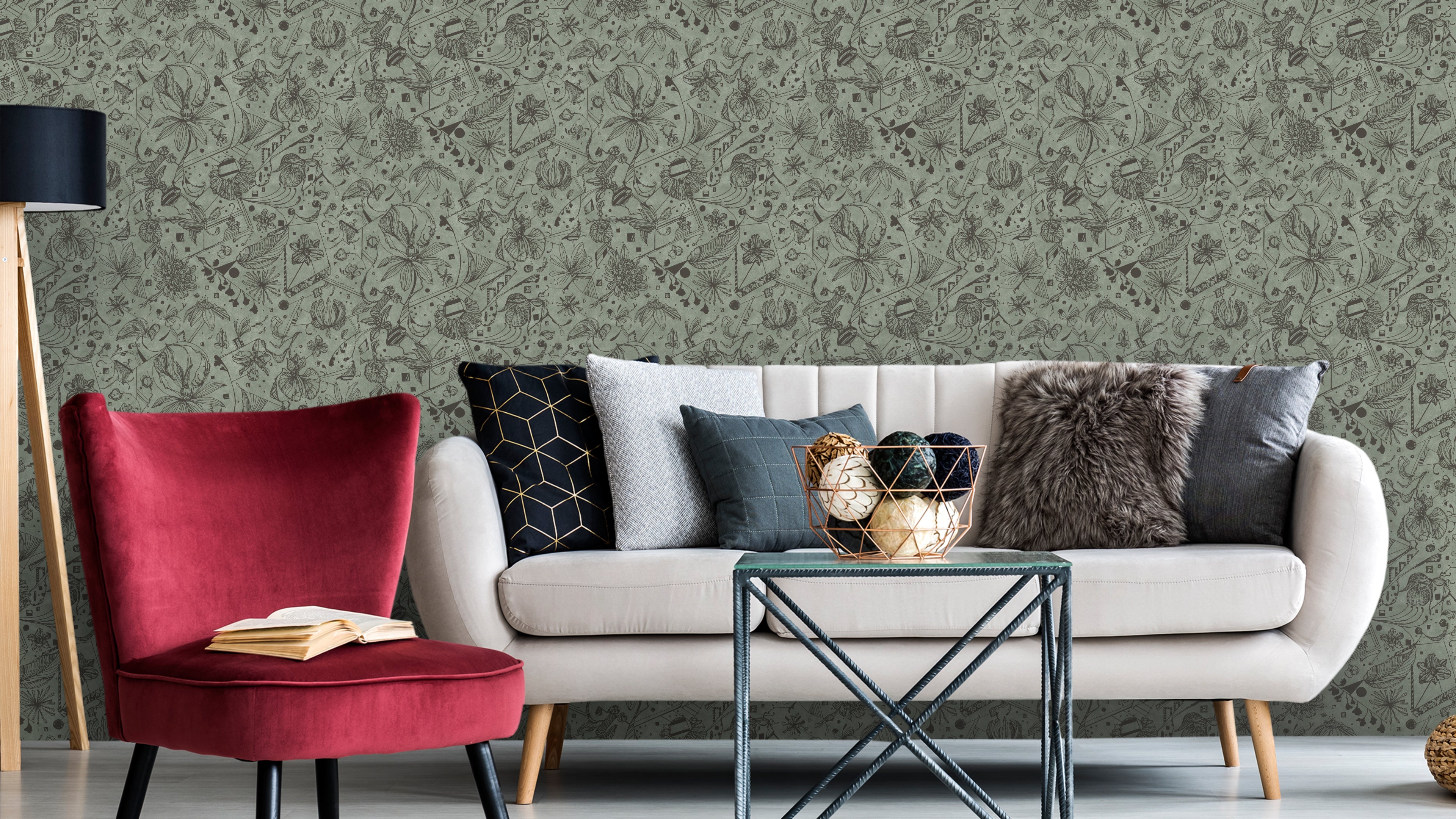 Floralies - Grågrön – Elegant tapet med abstrakt konst i grågrön nyans