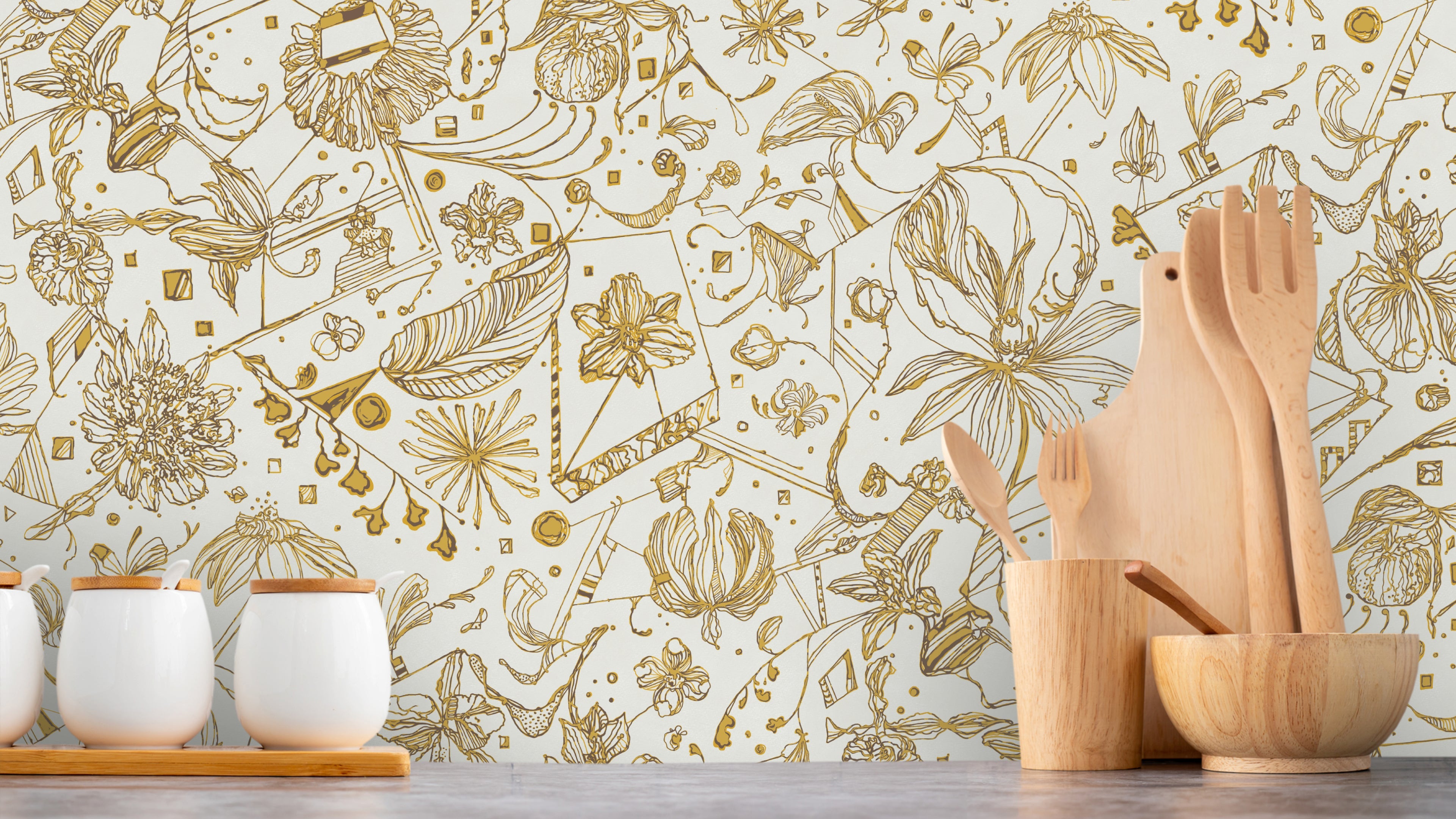 Floralies - Ocker – Elegant tapet med abstrakt konst i varma ockertoner