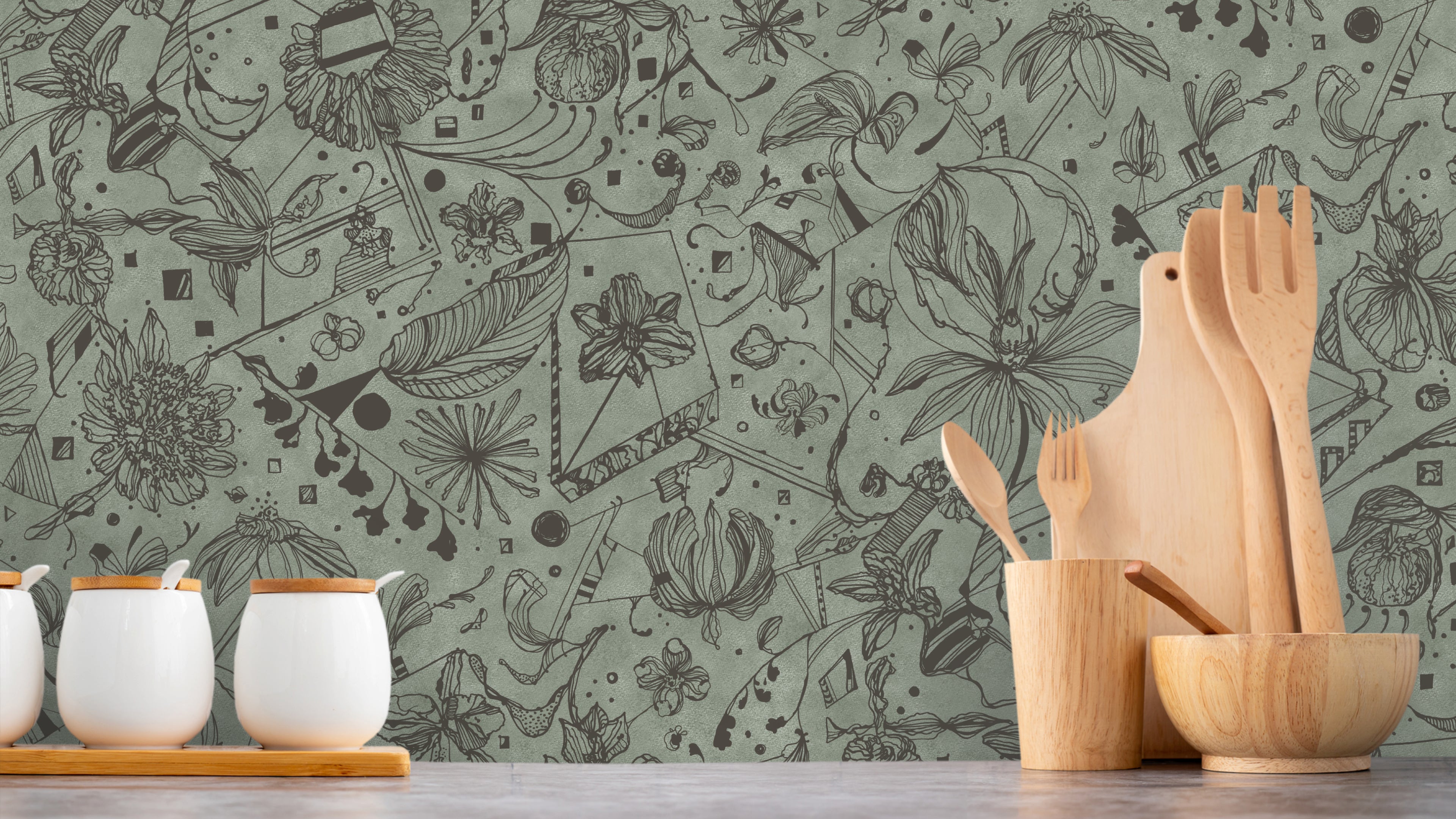 Floralies - Grågrön – Elegant tapet med abstrakt konst i grågrön nyans