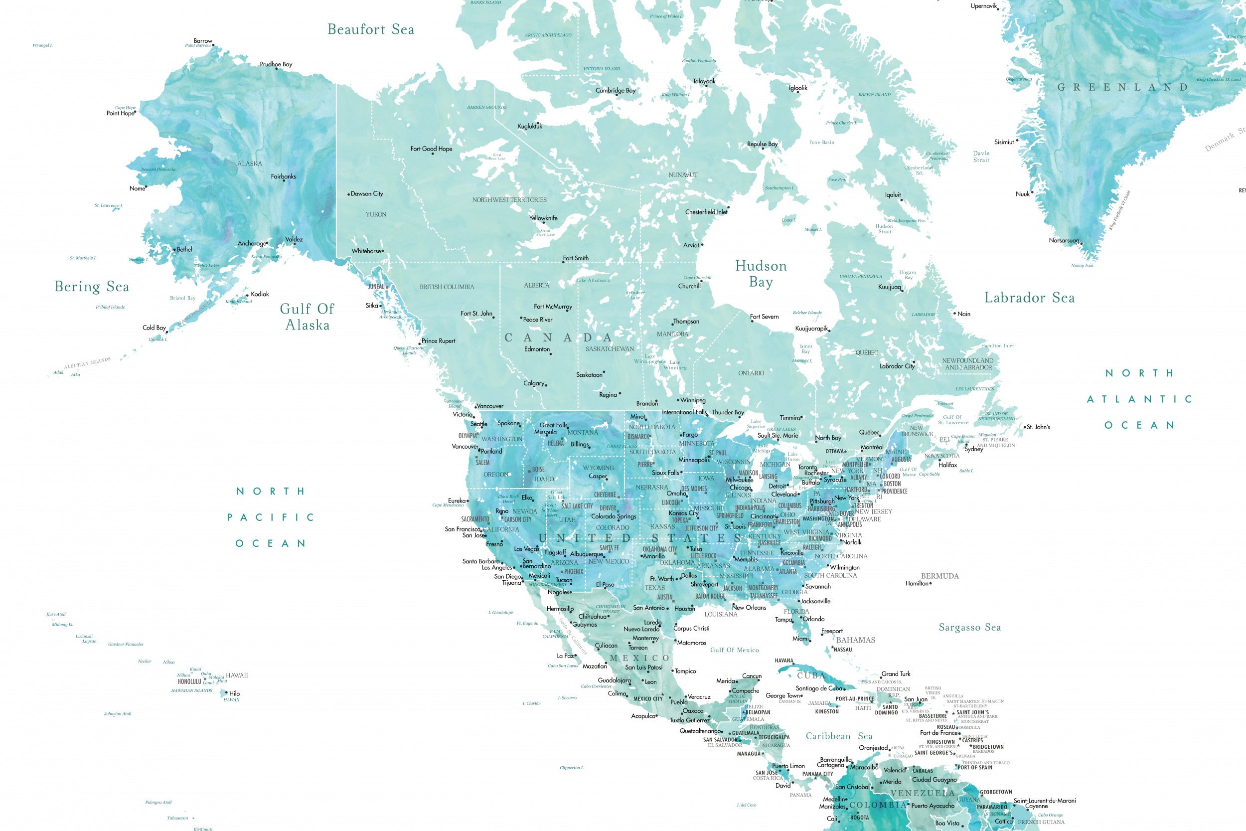 Map of North America in aquamarine watercolor
