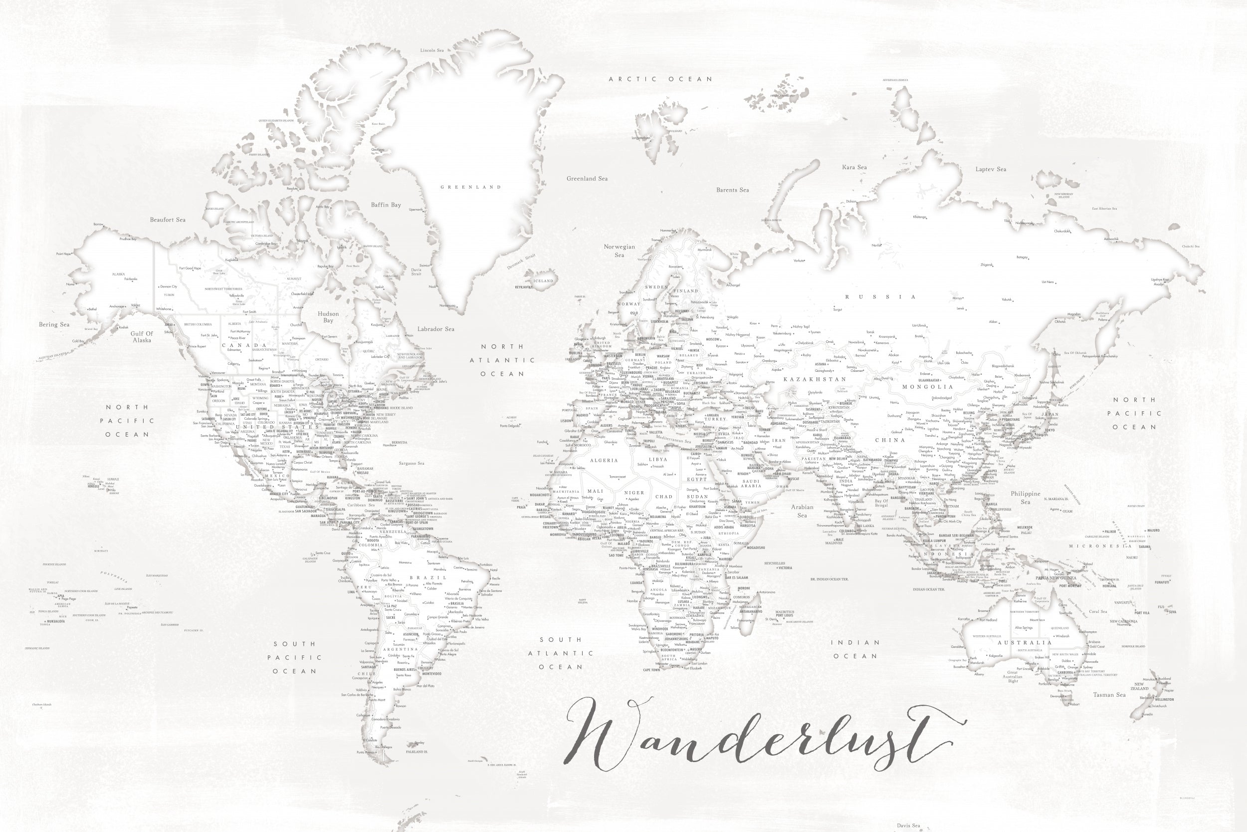 Wanderlust, detailed world map with cities, Maeli white