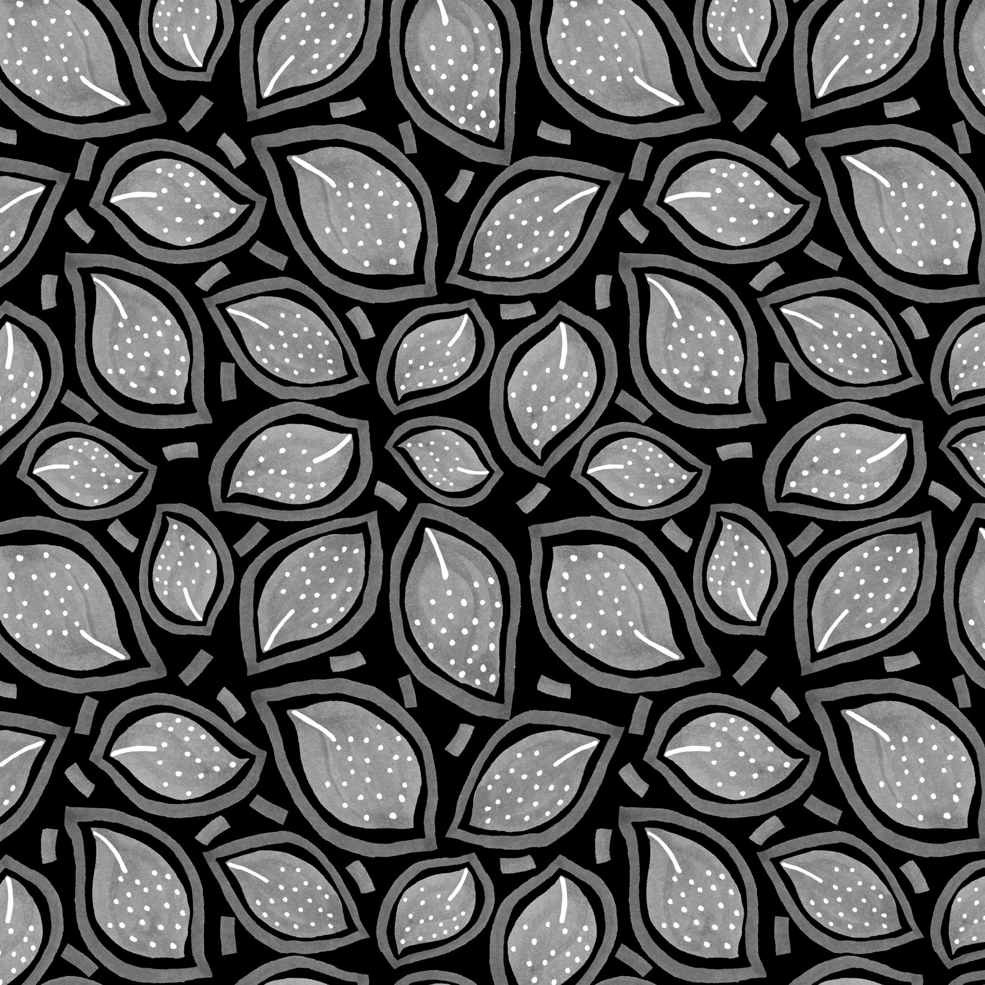 Scattered Leaves Polka Dot Gray On Black