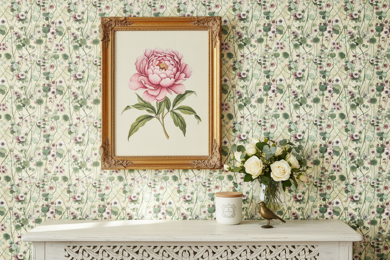 Reval Wallpaper Krasse - Vit - Handmålad tapet med blommor på ljus bakgrund – högkvalitativ tapet för en personlig och har...