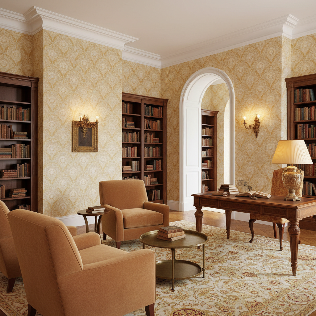 Peacock Plume Damask - Honey - Varm gul tapet med påfågelsfjädermönster