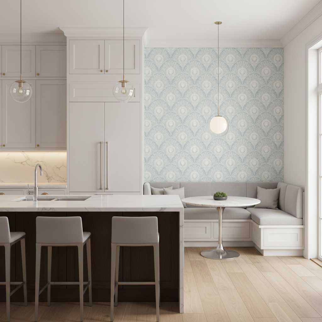 Peacock Plume Damask-Indigo Light - Elegant blå tapet med påfågelsfjädermönster